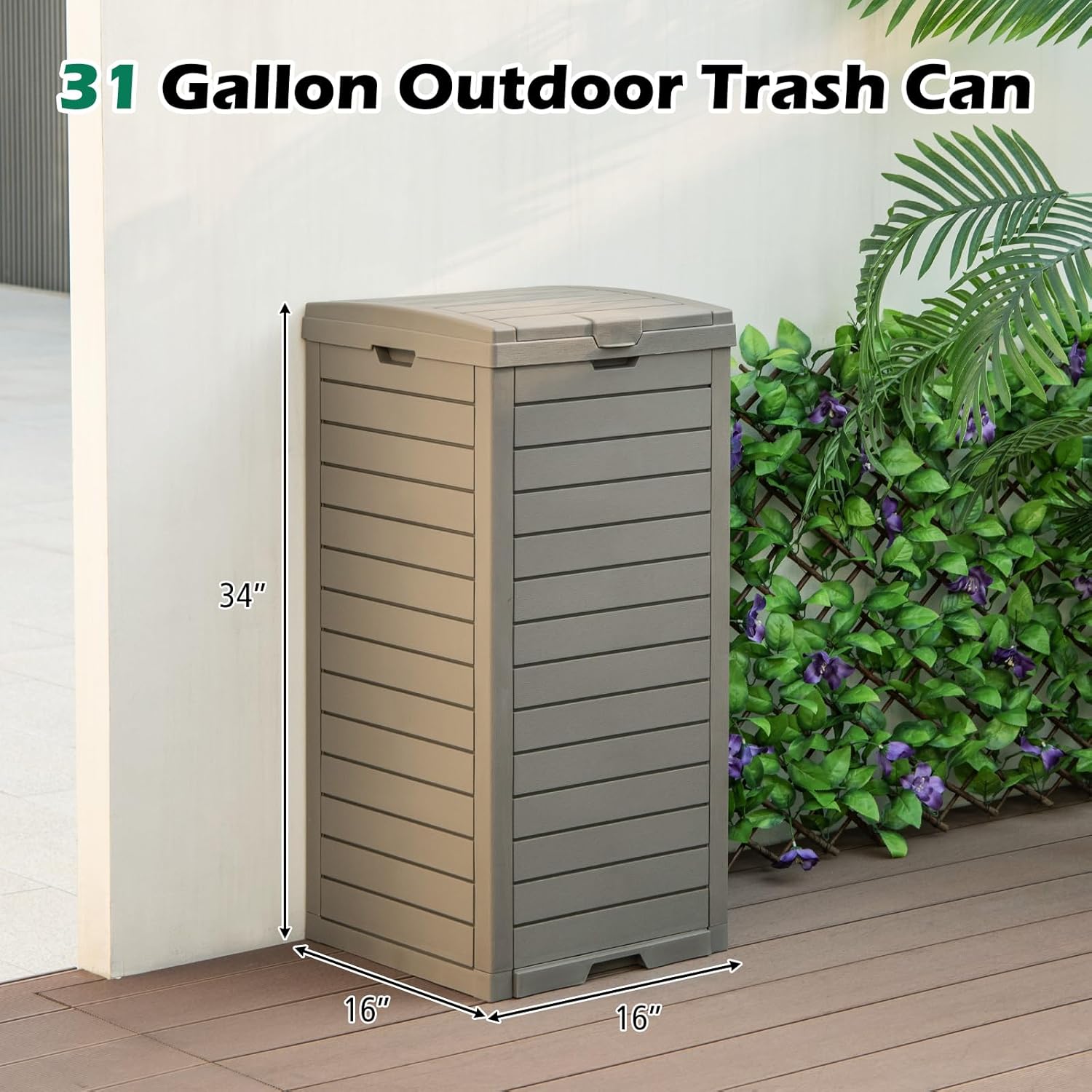 S AFSTAR Cubo de basura para exteriores de 31 galones, bote de basura impermeable con tapa y bandeja deslizable, cubo de basura grande de resina de