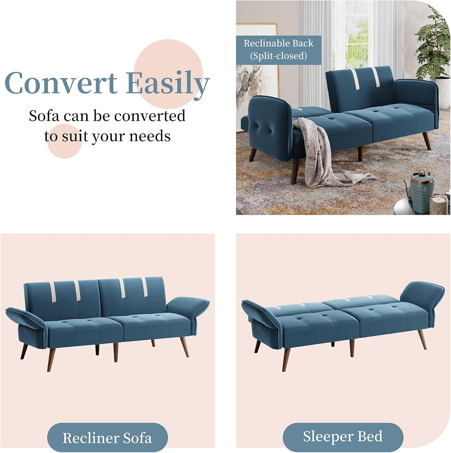 JAMFLY Sofá cama futón de terciopelo de 69 pulgadas, sofá cama convertible con reposabrazos y respaldo ajustables, moderno sofá biplaza para sala de