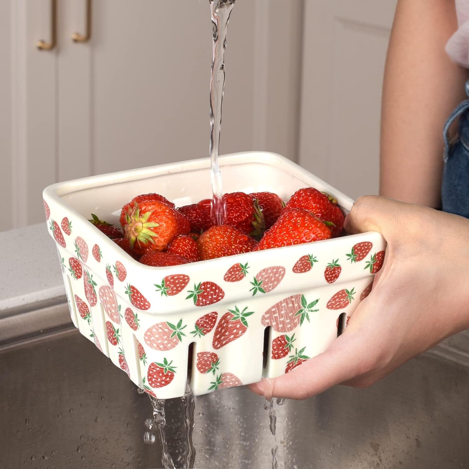 AELS Cesta de cerámica de bayas, recipiente de 5.9 pulgadas para frutas y verduras, cuenco de frutas de granja, decoración de fresa, mercado de