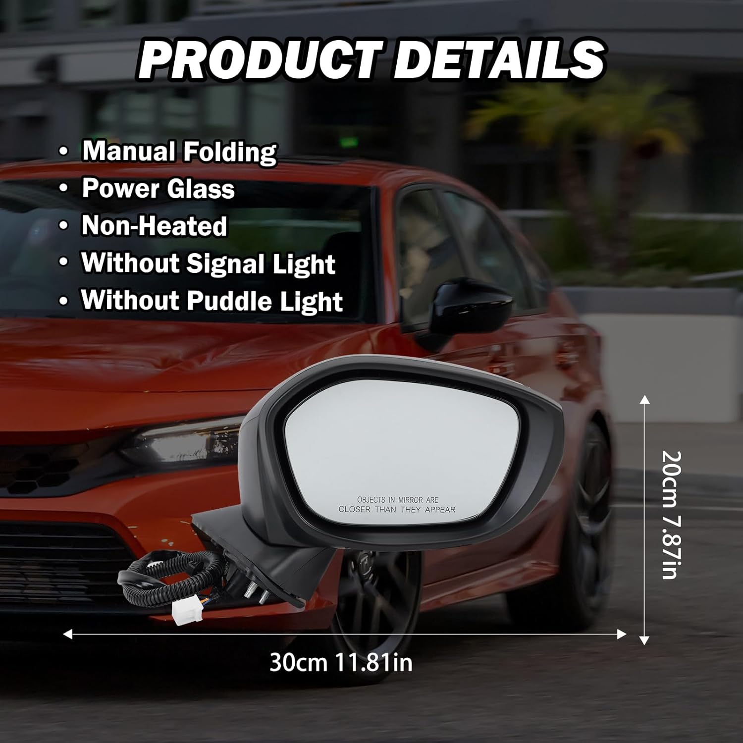 Espejo lateral derecho del pasajero compatible con Honda Civic SedanHatchback 2022, 2023, 2024, 2025, espejos con cristal eléctrico, sin