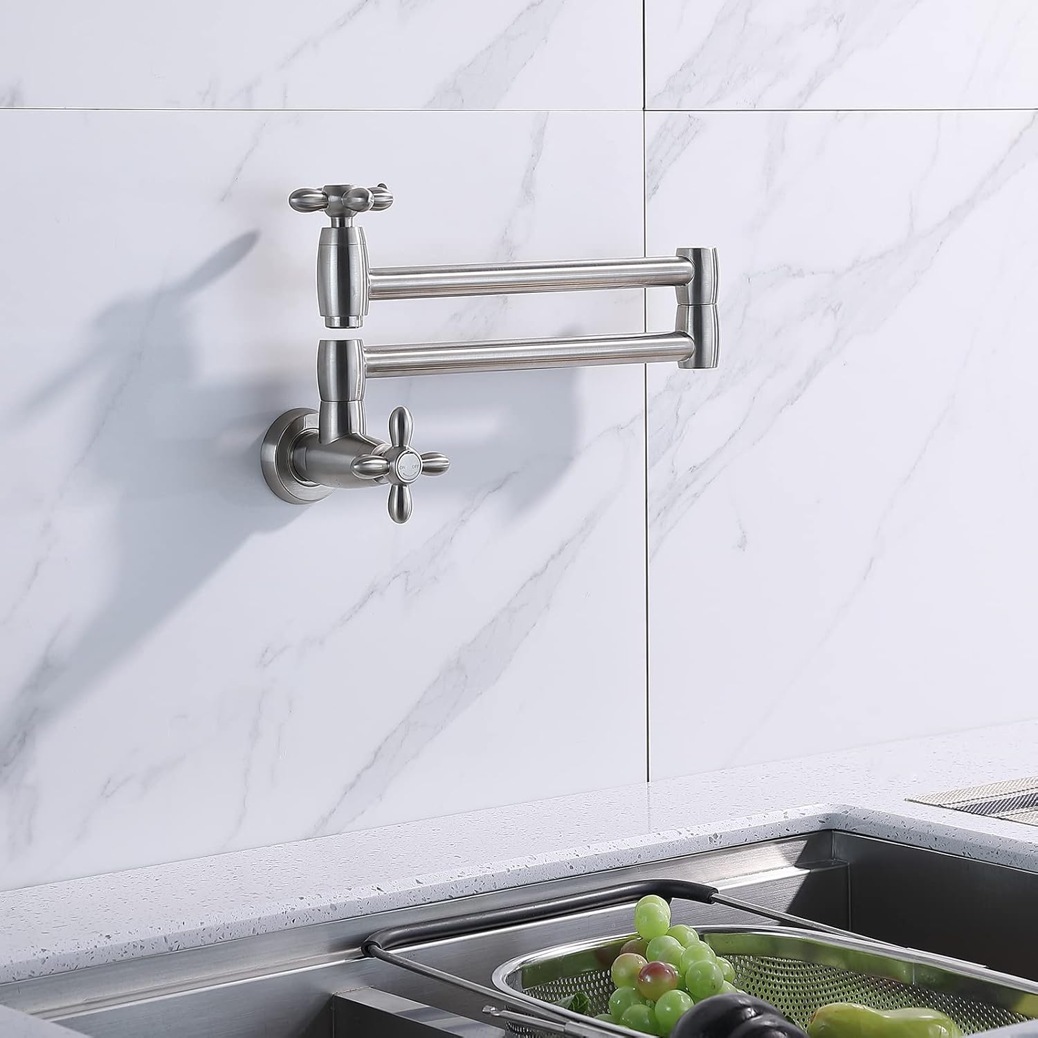 Llenador de ollas de níquel cepillado grifo de cocina de latón macizo plegable montaje en pared extensible doble articulación brazo oscilante de un