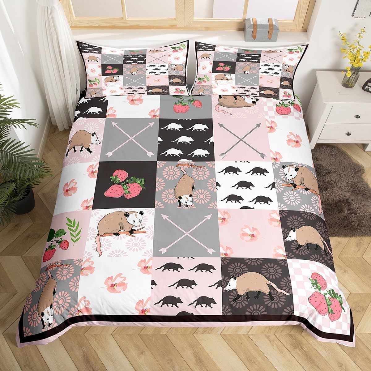 Juego de funda de edredón de zarigüeyas para amantes de las zarigüeyas, regalo de cumpleaños para niños, zarigüeyas, decoración floral, juego de