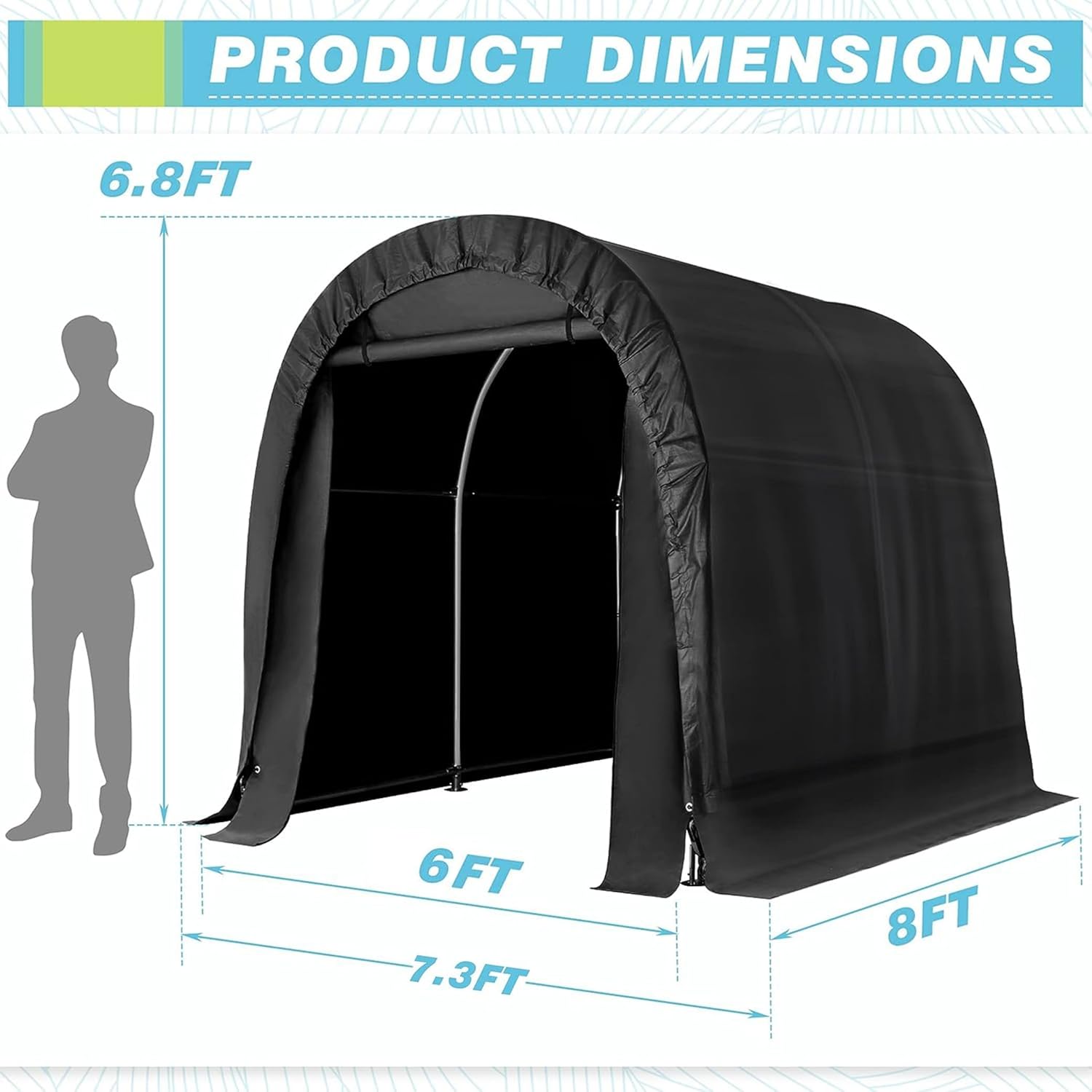 Cobertizo de almacenamiento portátil para exteriores, 6 x 8 pies, impermeable, resistente a los rayos UV, con puerta enrollable, tienda de campaña