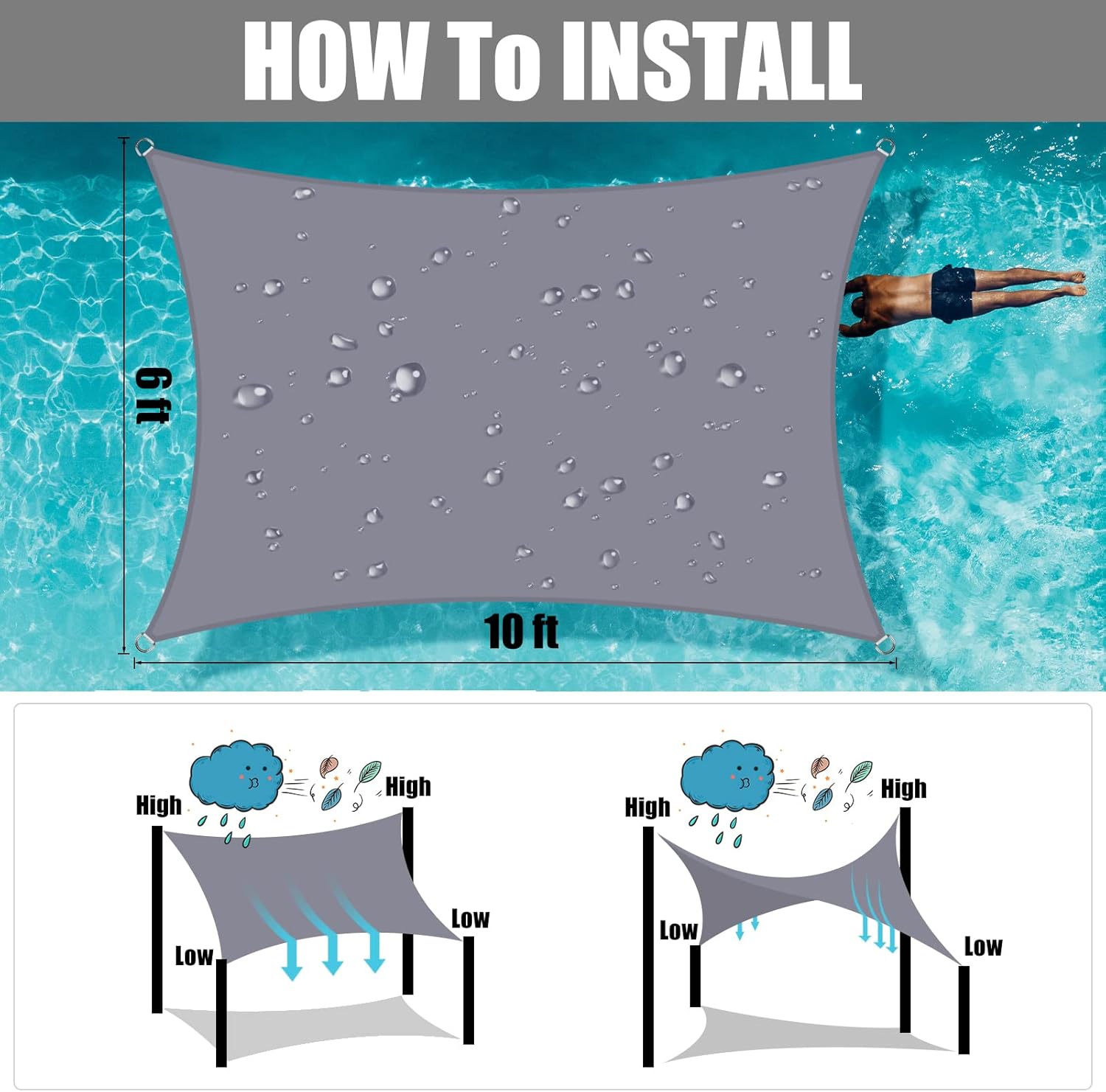 Neween Toldo rectangular impermeable con bloqueo UV para patio y jardín al aire libre (6 x 10 pies, gris)