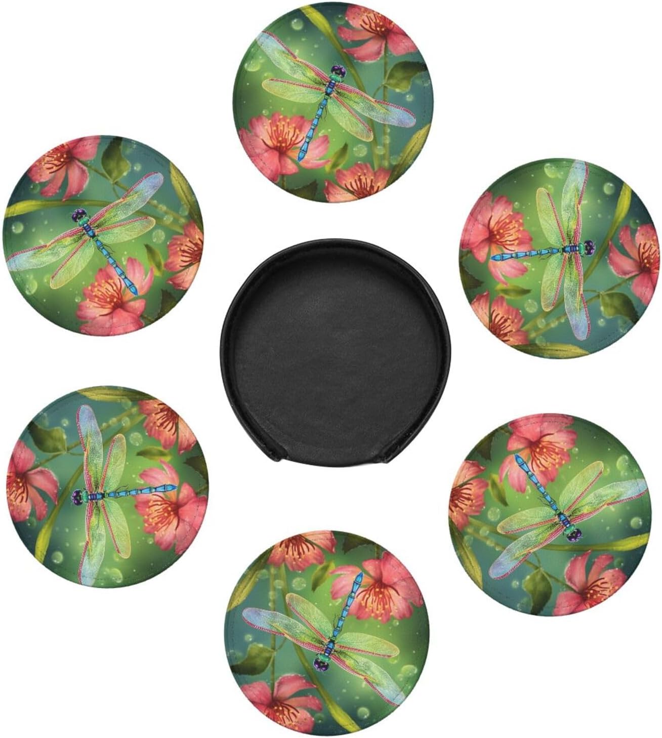Juego de 6 posavasos de cuero con soporte para bebidas con estampado de libélulas y flores, posavasos redondos para decoración de mesa auxiliar