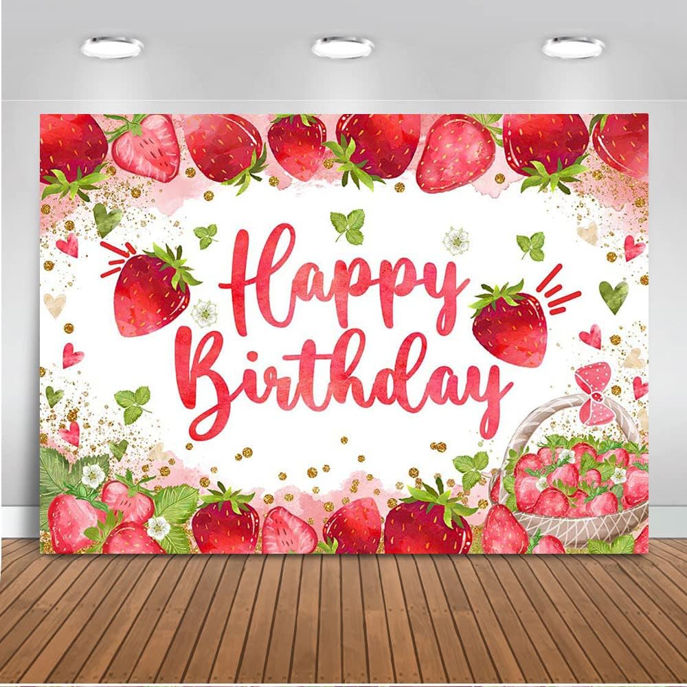 Mocsicka Telón de fondo de cumpleaños de fresa para decoración de fiesta de cumpleaños de niña de fresa, fondo de fotografía de cumpleaños de dulce