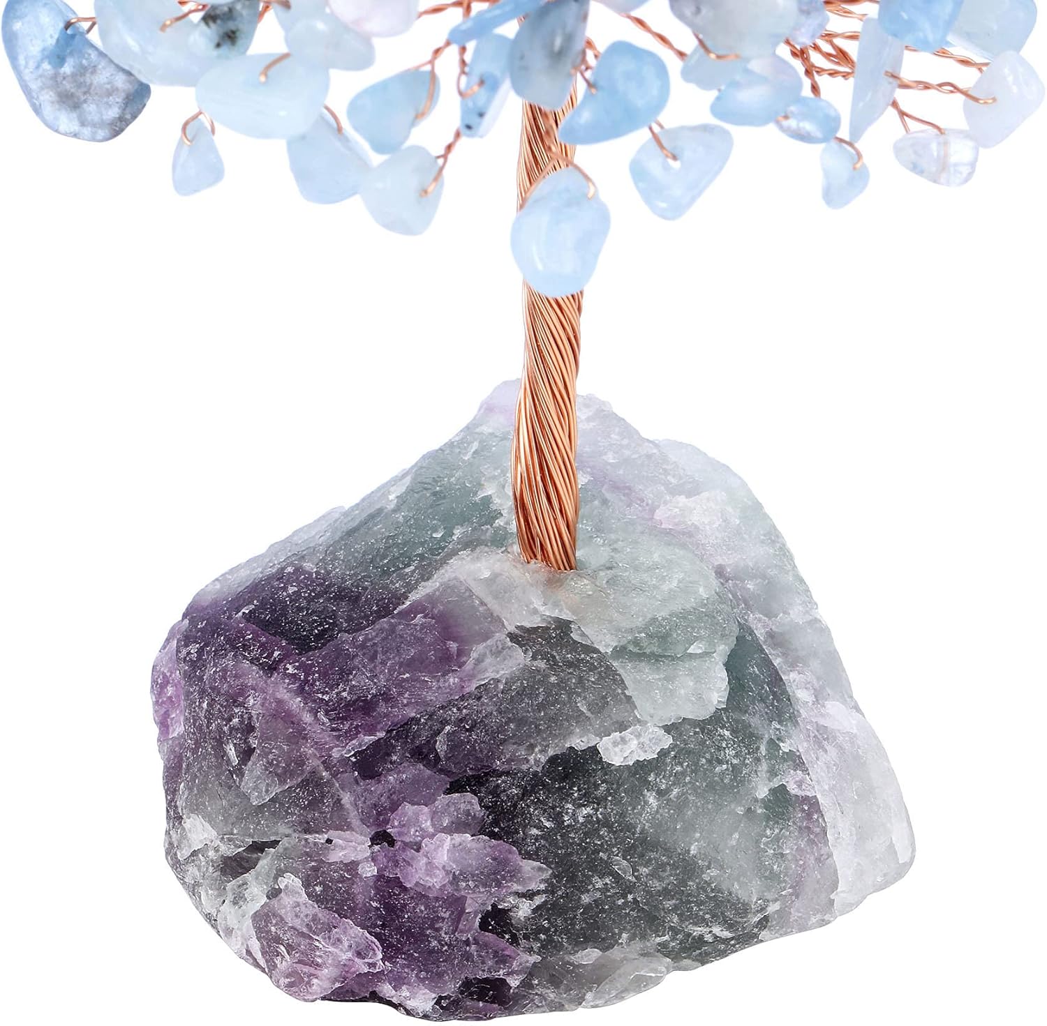 Jovivi Árbol de cristal de aguamarina natural, cristales curativos crudos, base de fluorita, árbol de dinero bonsái para decoración de mesa de