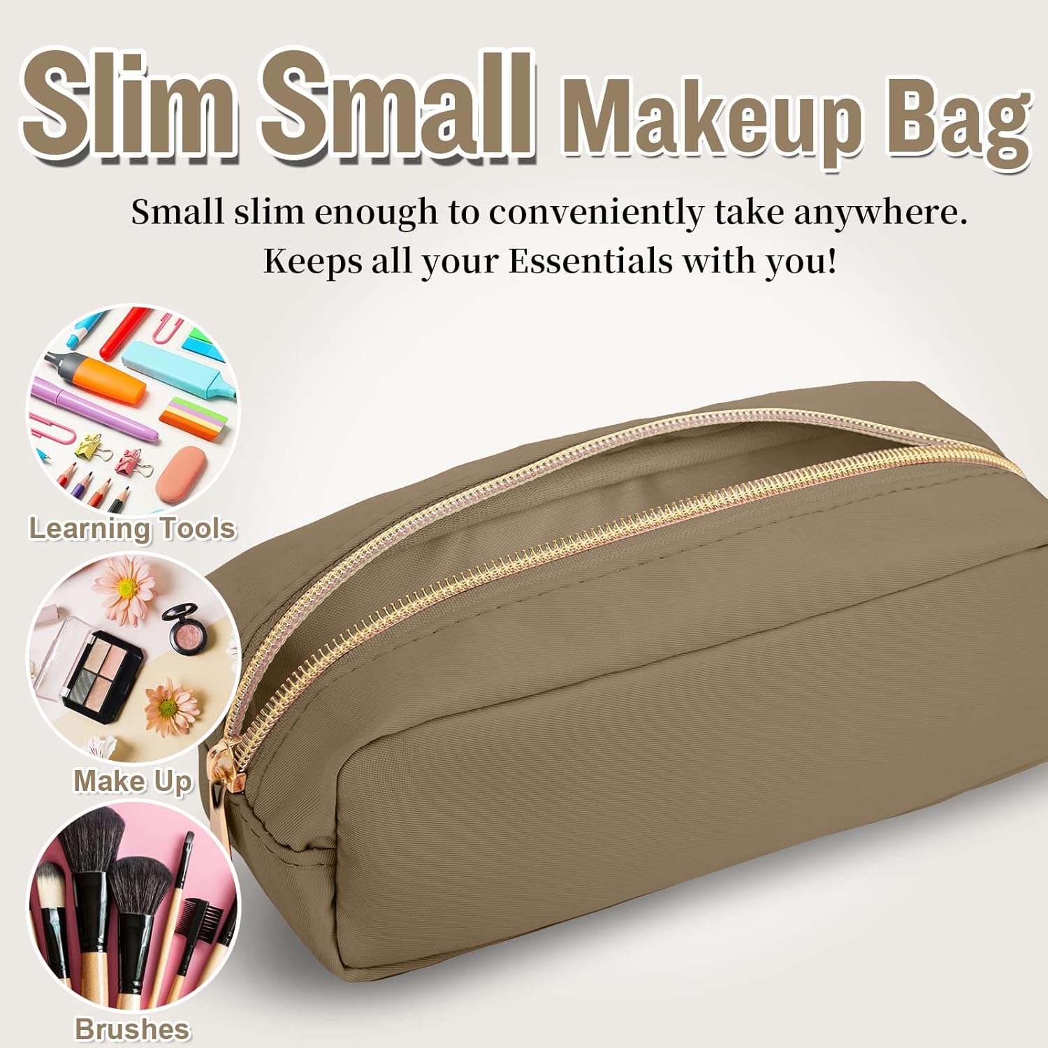 izuzta Bolsa de maquillaje de nylon organizador lindo viaje Preppy bolsa de monedas cosmética, Caqui
