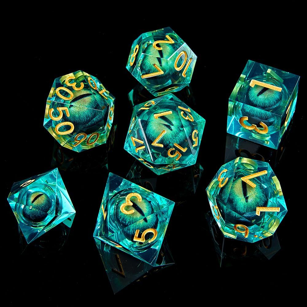 Dragon Eye – Juego de 7 dados para DND, núcleo líquido, juego de dados D&D para juegos TRPG de Calabozos y Dragones, dados giratorios de ojo de