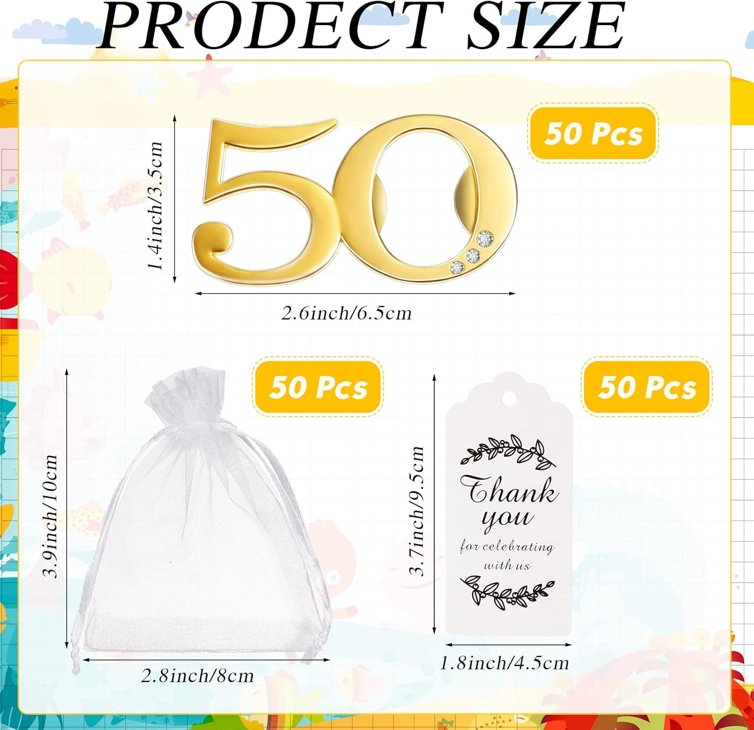 150 recuerdos de fiesta de cumpleaños número 50, 50 unidades de abrebotellas de fiesta de cumpleaños 50, 50 bolsas de organza blanca transparente,