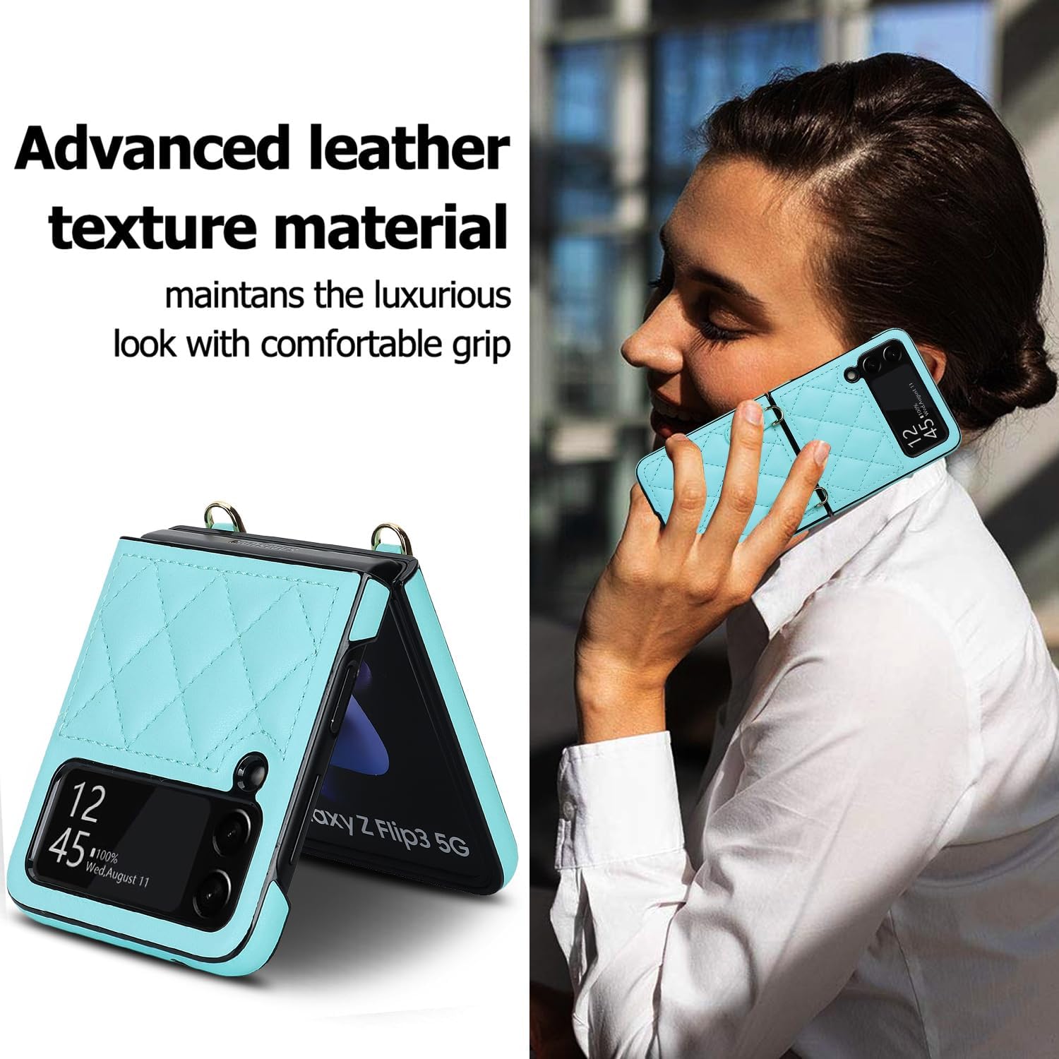 Asuwish Funda de teléfono para Samsung Galaxy Z Flip 4 5G 2022 con correa para la muñeca con cordón, delgada, de piel sintética, a prueba de golpes,