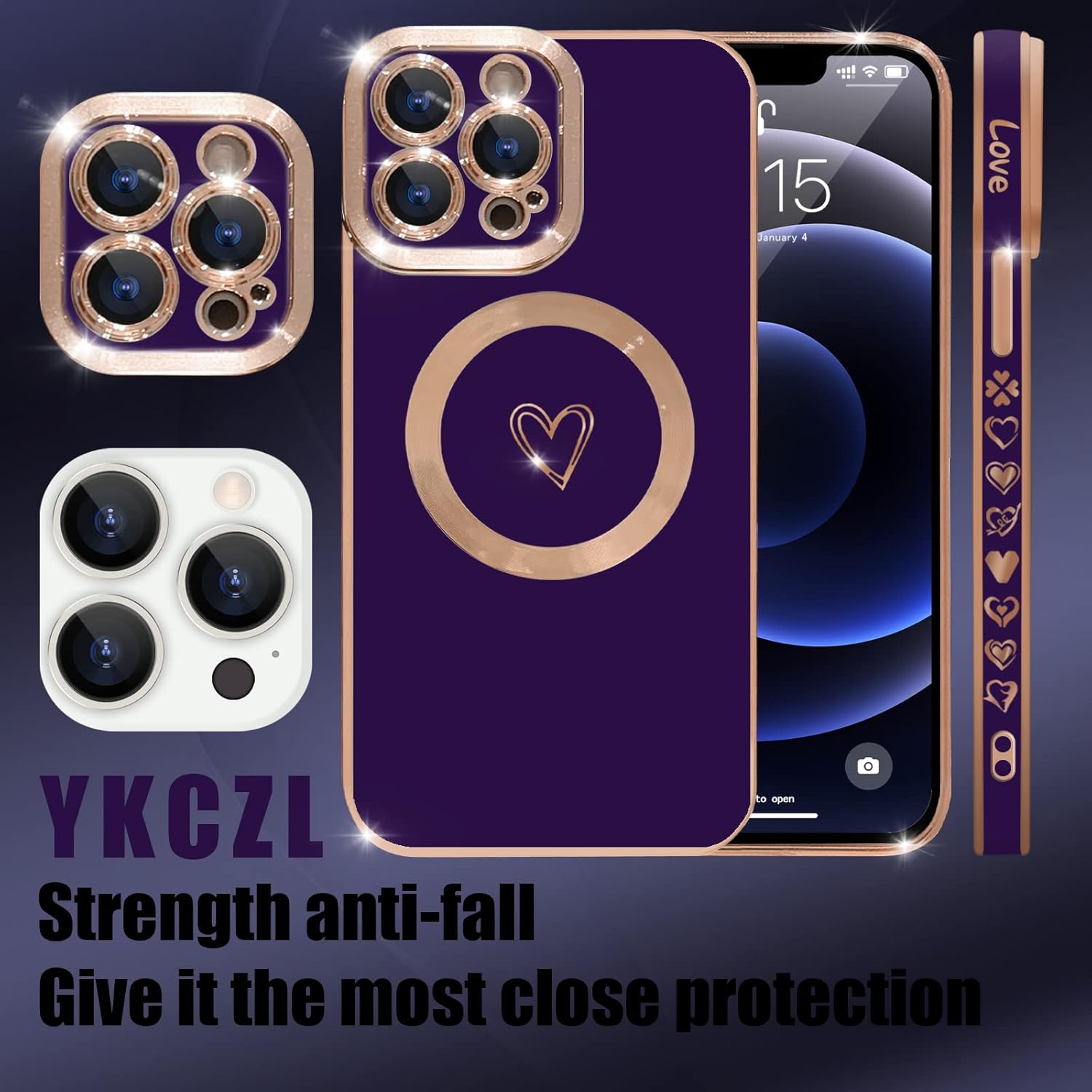 YKCZL Funda compatible con iPhone 13 Pro con MagSafe, funda magnética de lujo chapado en forma de corazón lindo y protección completa de lente de