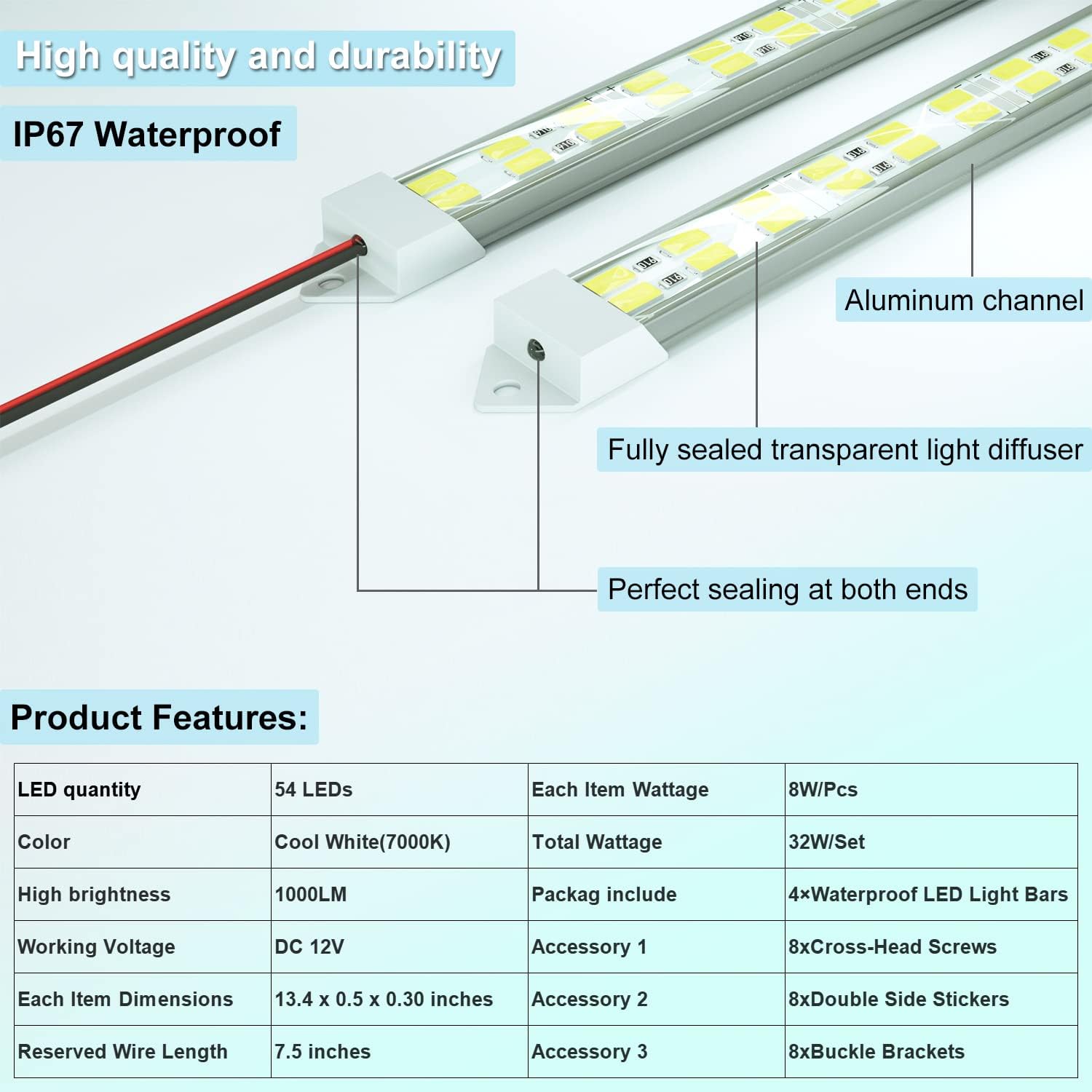 Barra de luz LED de 12 V impermeable, tira de luz LED LMGYES de 12 V, 54 LED, 7000 K, color blanco, cerrado, para remolque, armario, tira de luz LED