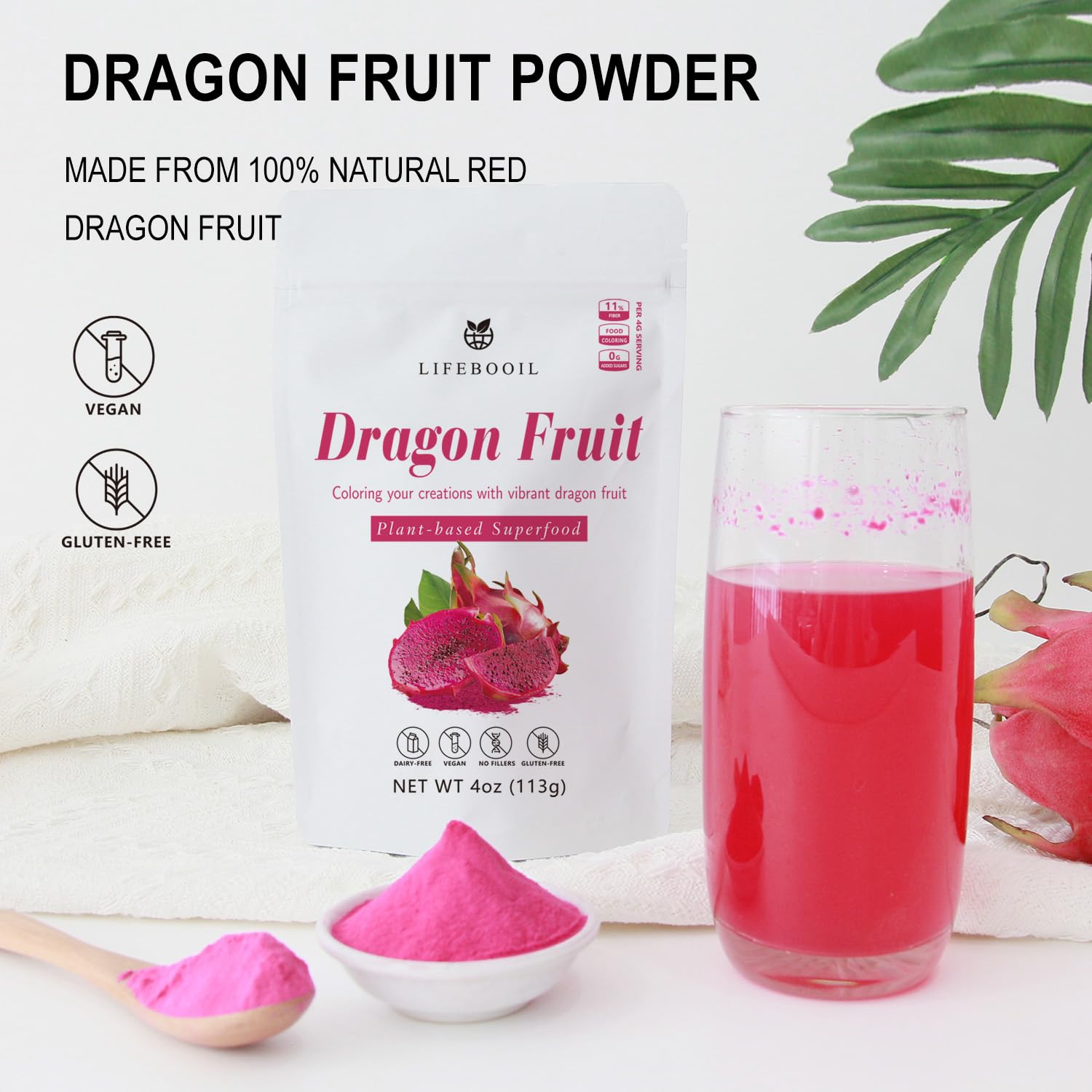 Polvo de fruta del dragón, vegano, sin OMG, sin gluten, sin aditivos ni conservantes, 4 onzas