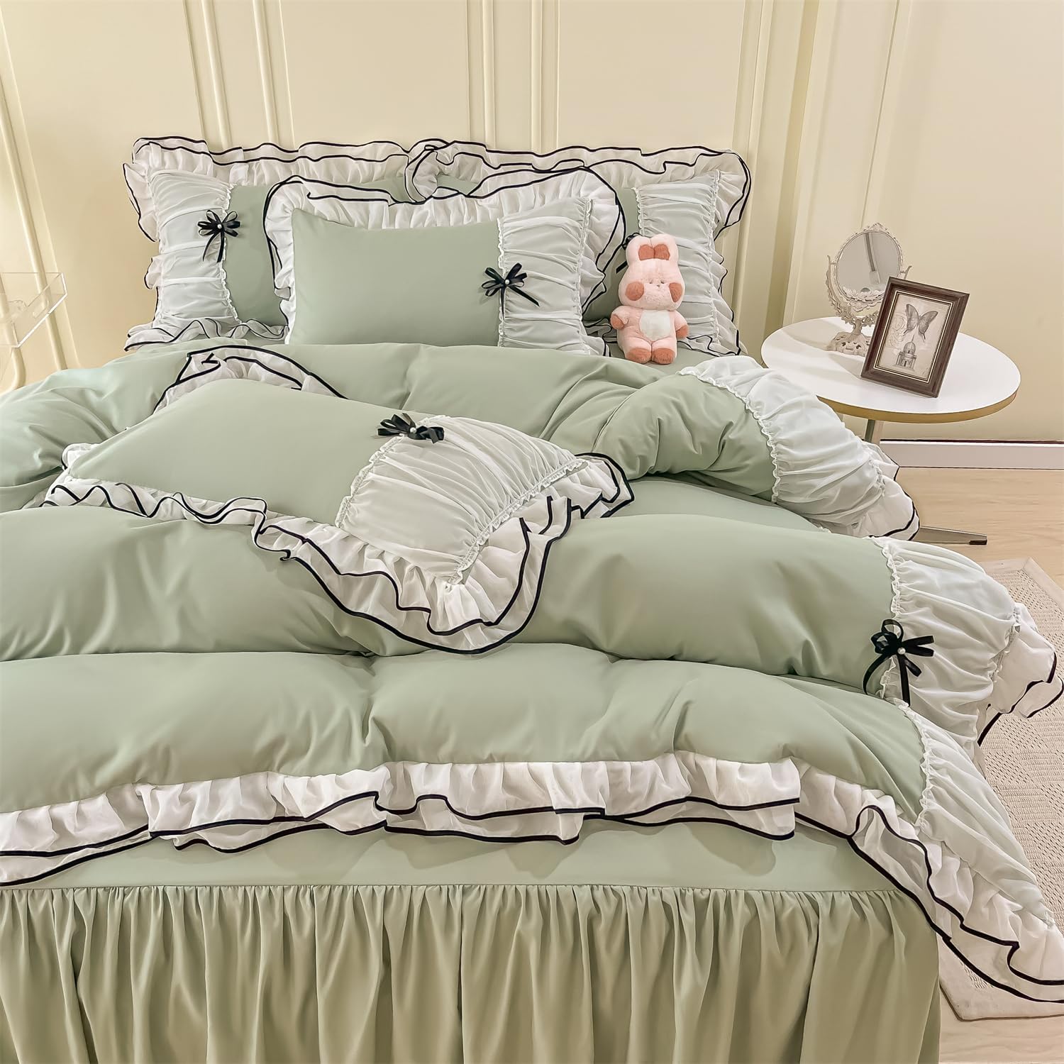 IHOUSTRIY Juego de funda de edredón para niños, tamaño matrimonial, juego de ropa de cama con volantes con corbatín, juego de funda de edredón de 3