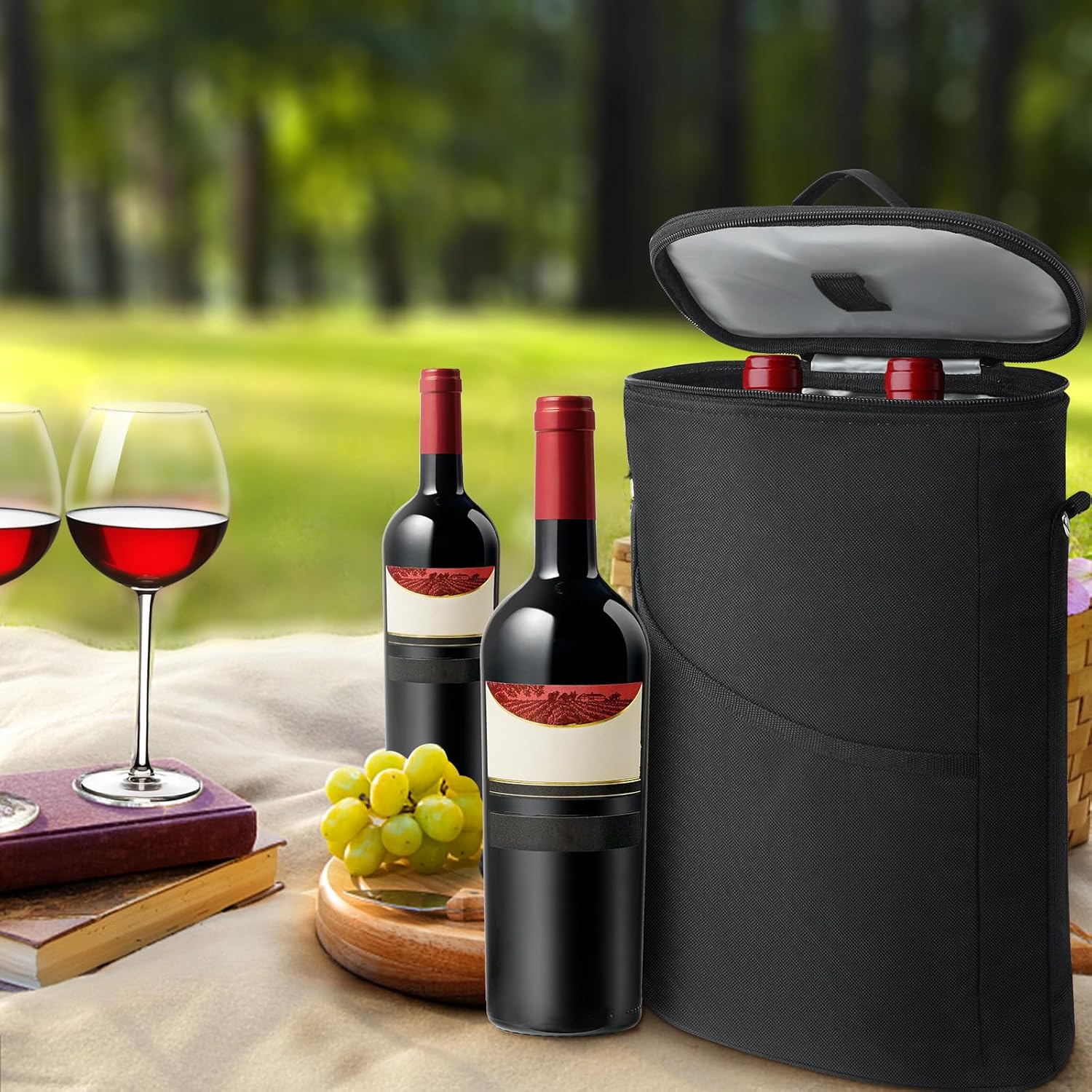bruwaa Bolsa enfriadora de vino para 2 botellas, a prueba de fugas, acolchada, con asa y correa de hombro ajustable, para viajes, degustación de