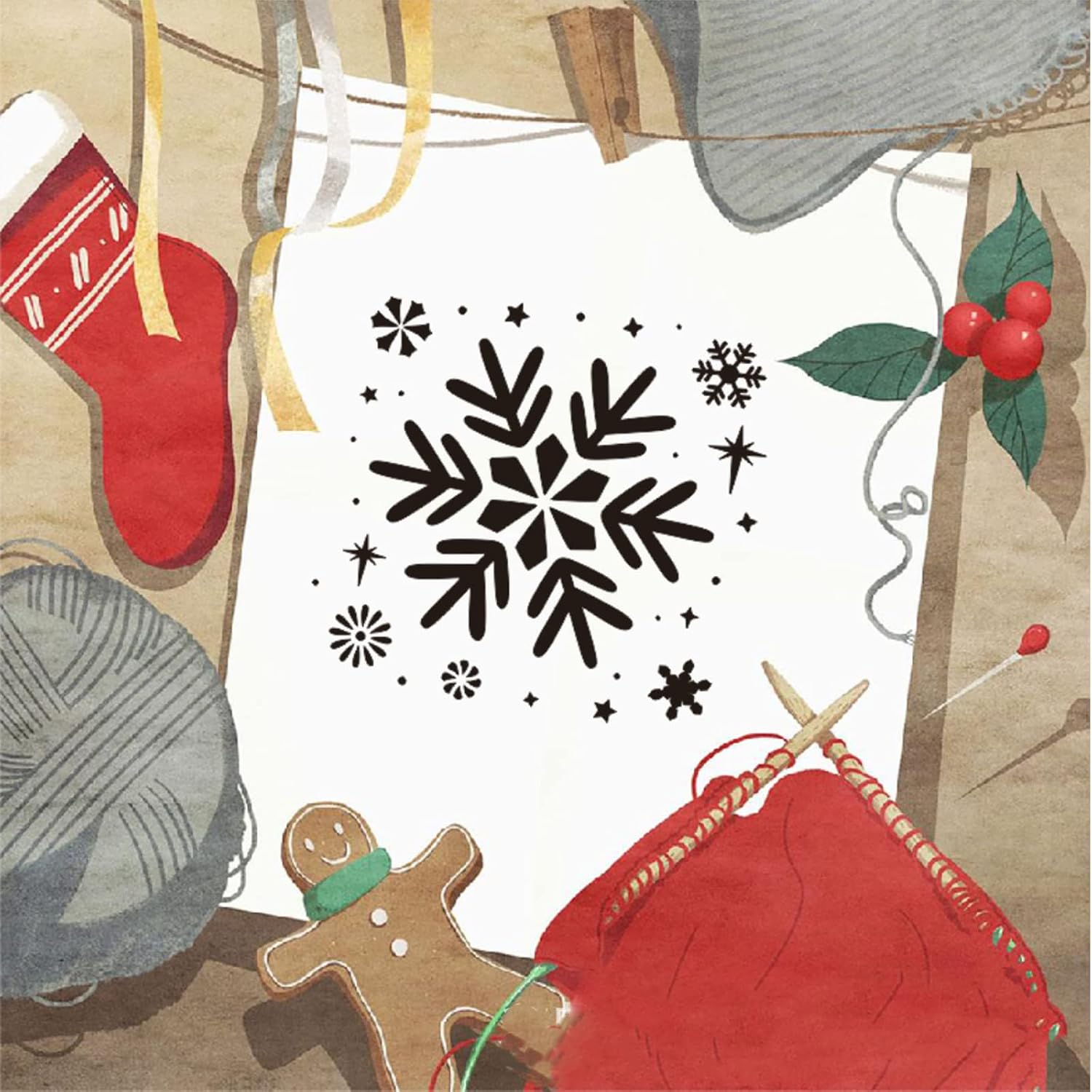 Plantillas de copo de nieve de Navidad para pintar sobre madera, paquete de 6 plantillas de Navidad grandes reutilizables para decoración de
