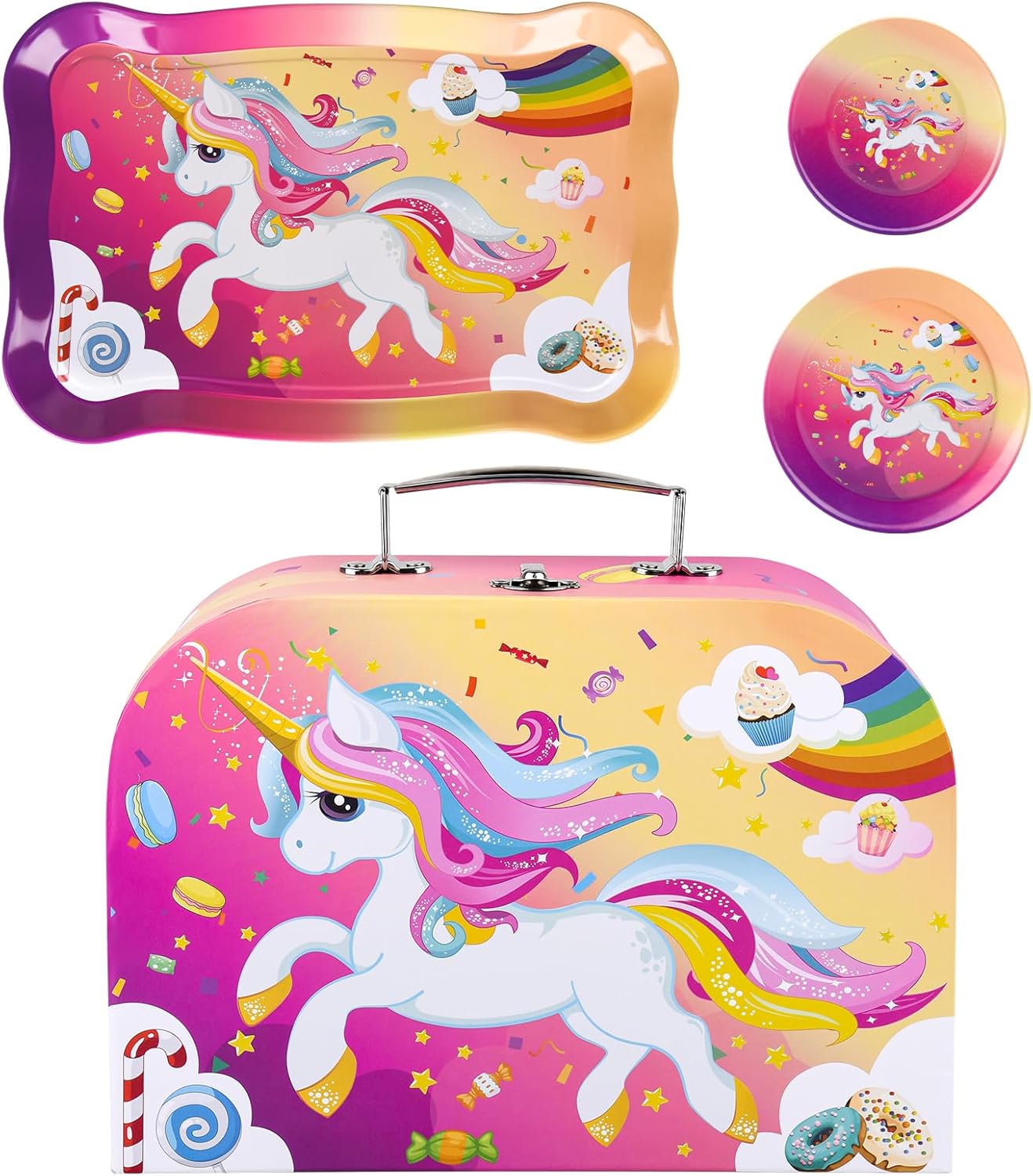 Juego de 41 piezas de fiesta de té de unicornio para niñas pequeñas, juego de tetera de hojalata, juguete de cocina con postre, dona, estuche de