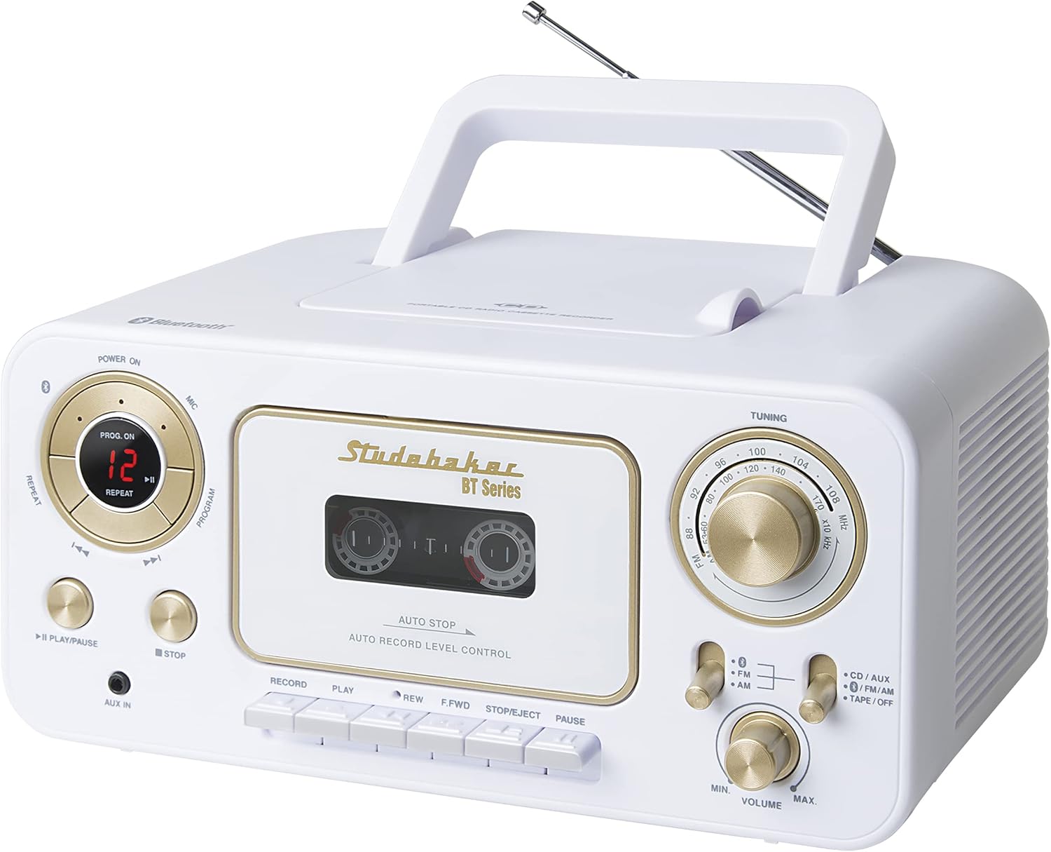 Studebaker CD estéreo portátil Bluetooth, radio estéreo AMFM y reproductor de cassettegrabadora (blanco y dorado)
