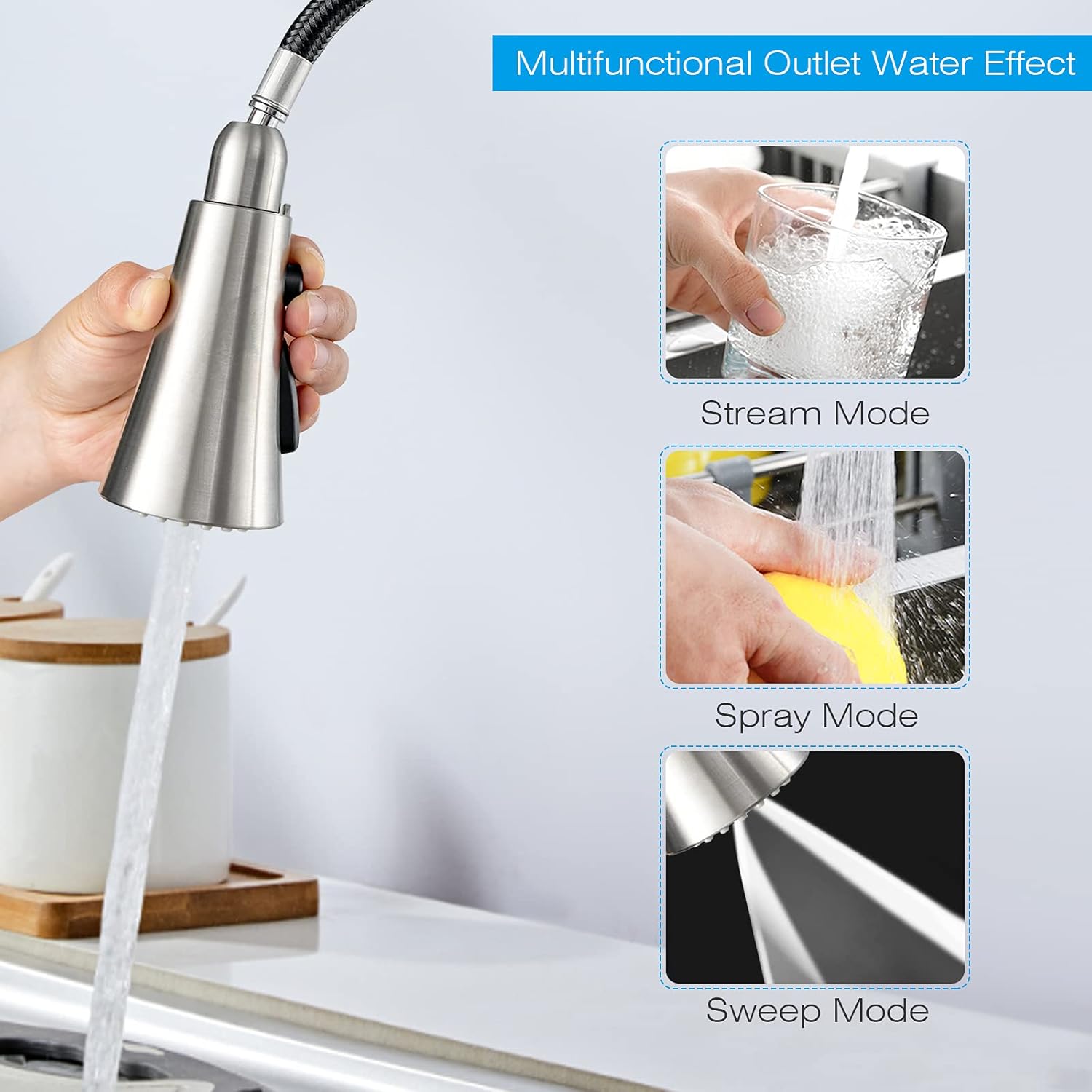 PETSITE Grifo de fregadero de cocina sin contacto con rociador extraíble, sensor de movimiento automático de un solo mango de arco alto, níquel