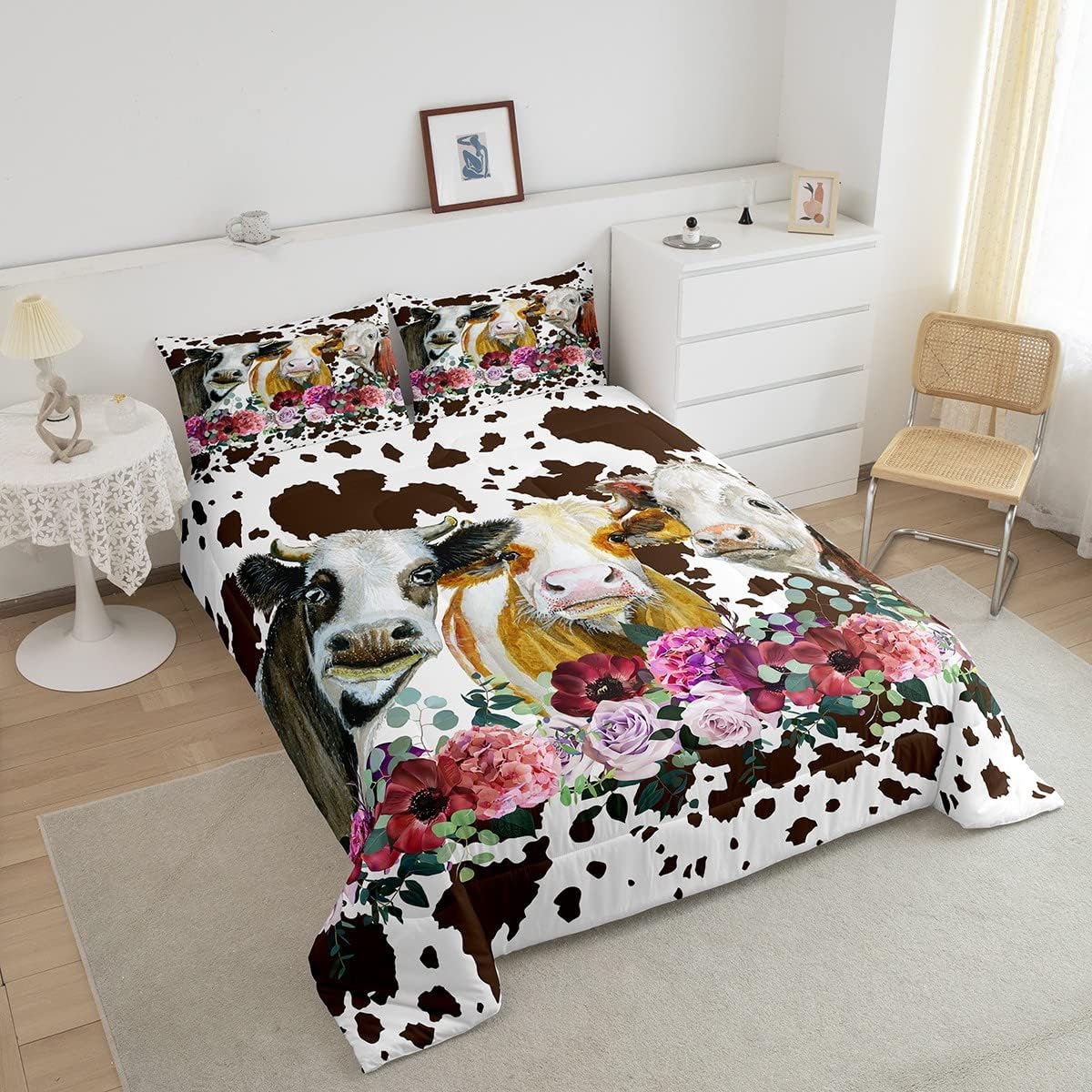 Juego de ropa de cama con estampado de vaca, tamaño Queen, juego de edredón de vaca de las tierras altas para niños, niñas y adolescentes, edredón