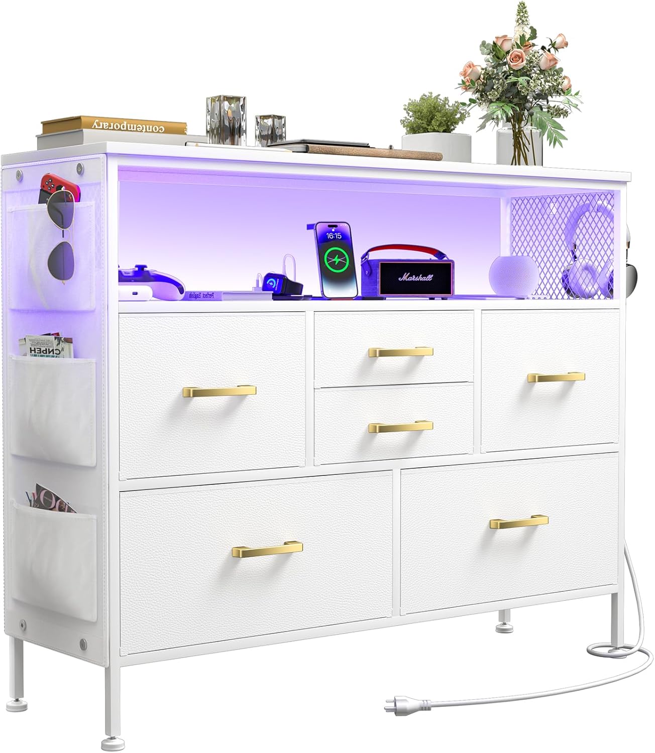 Cómoda para dormitorio, soporte de TV con tomas de corriente y luz LED, cómoda de 6 cajones con bolsillos laterales y ganchos, cómoda ancha con