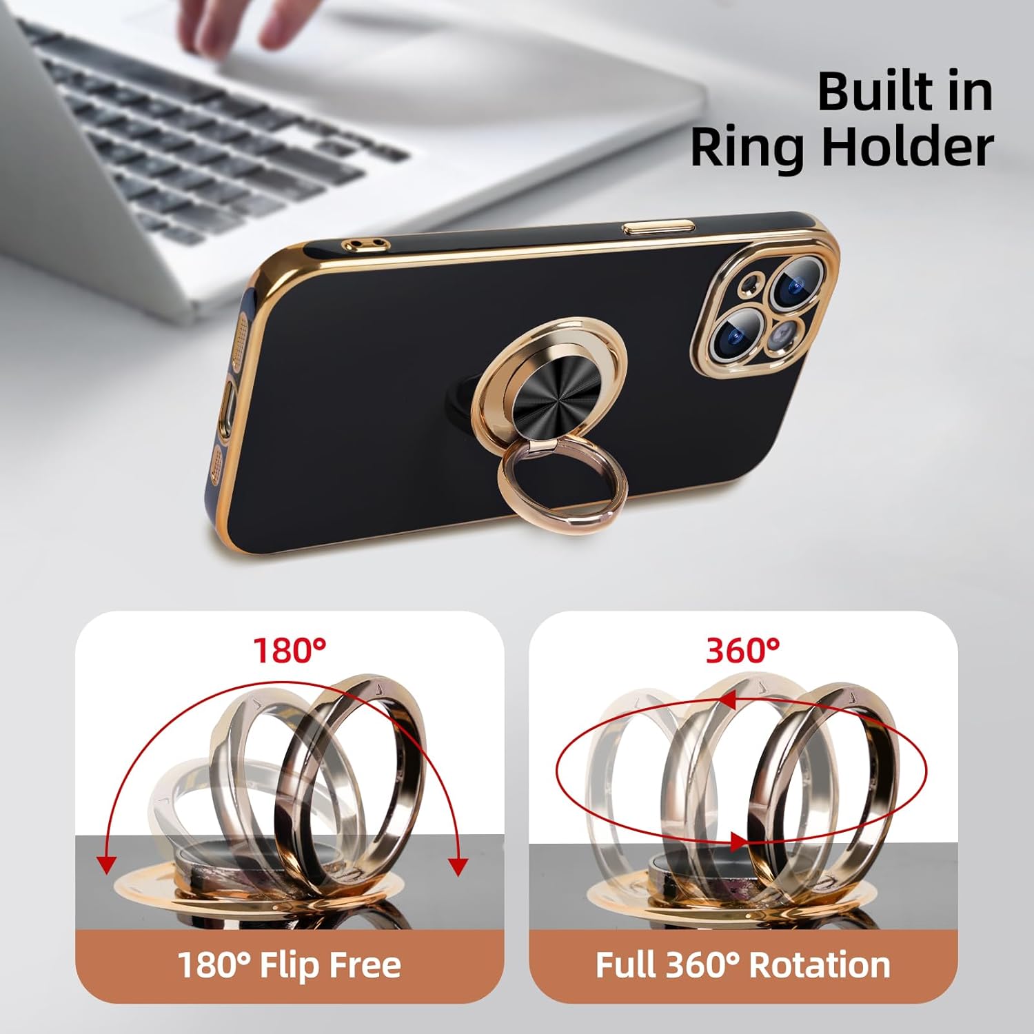 AuroraIce Funda para iPhone 15, iPhone 15, soporte magnético para automóvil compatible con anillo de 360, chapado en TPU suave, a prueba de golpes,