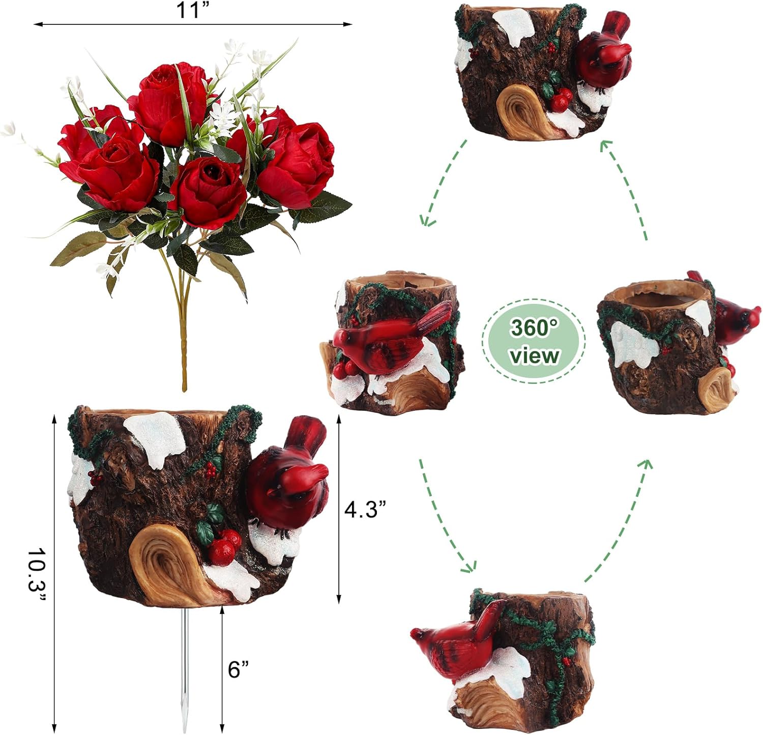 bocola Decoraciones de cementerio para tumba, jarrón de resina con rosa artificial roja de seda para decoración de tumbas, estaca de jardín