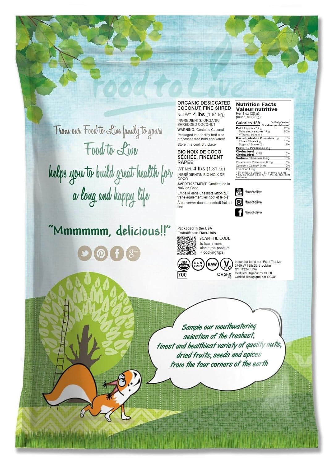 Coco orgánico fino rallado, 4 libras, sin OMG, crudo, sin azúcar. Carne de nuez de coco sin sulfatar, desecada, afeitada. Vegana, Keto, Kosher, a