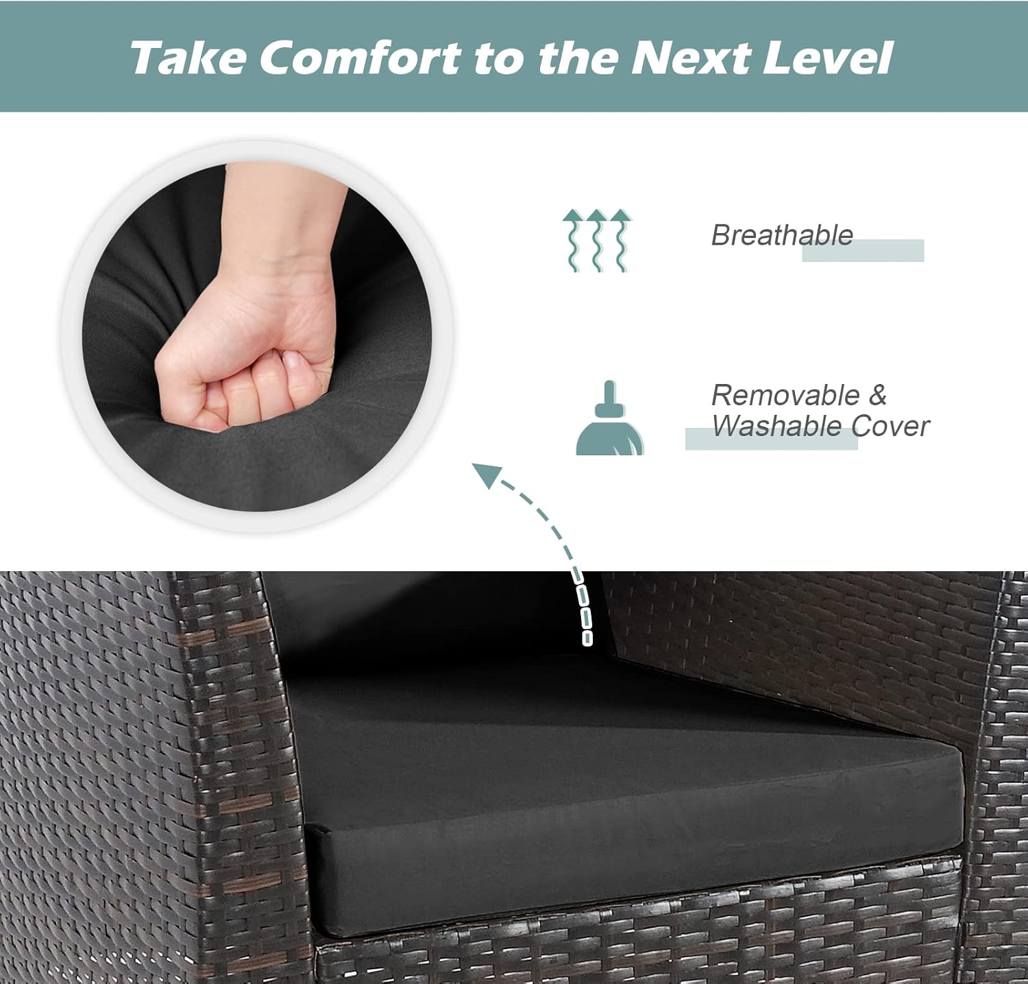 Tangkula Patiojoy Juego de muebles de patio de 3 piezas, juego de bistró de mimbre de polietileno para exteriores con cojines suaves y madera de