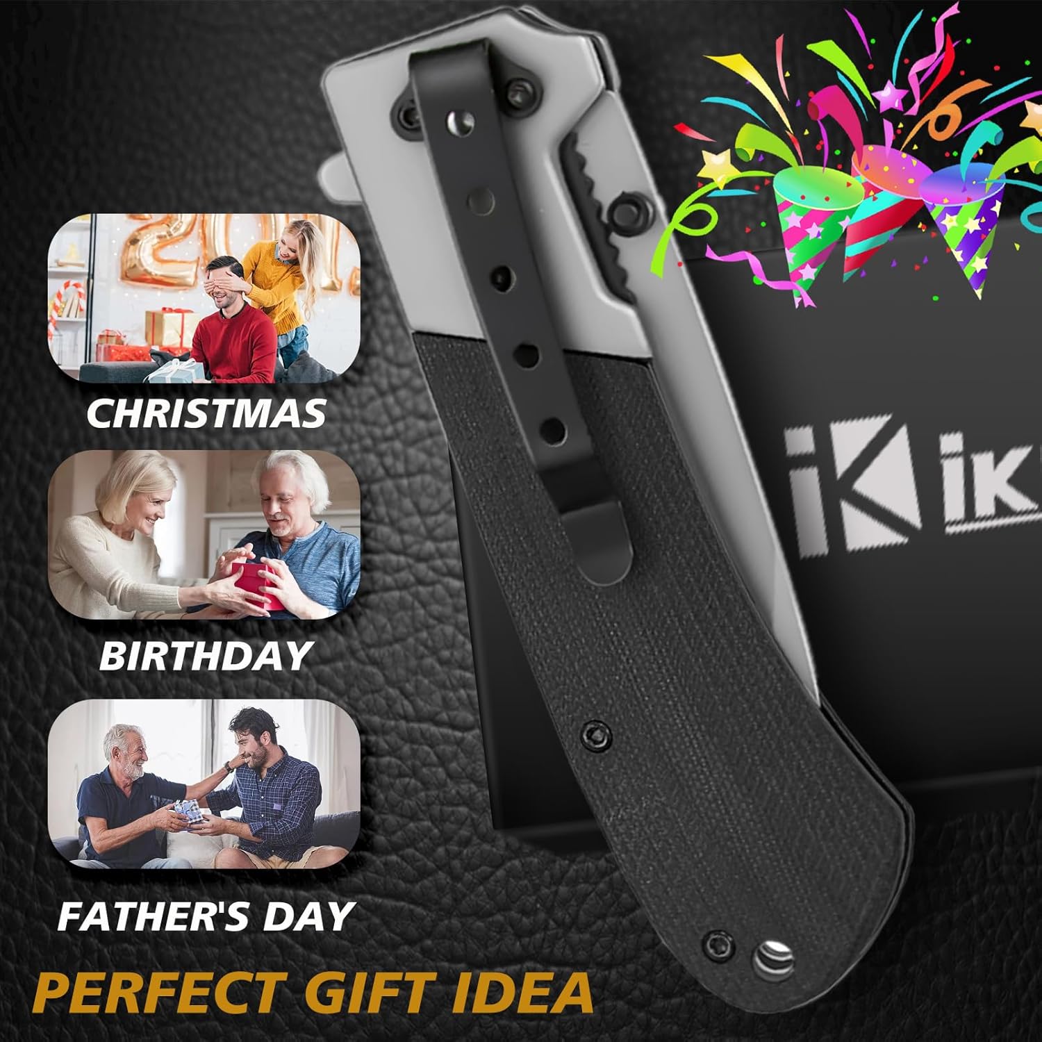 IKORES Cuchillo de bolsillo con mango G10, cuchillo plegable de 3.5 pulgadas con clip de bolsillo y funda de nailon, gran regalo para hombres y