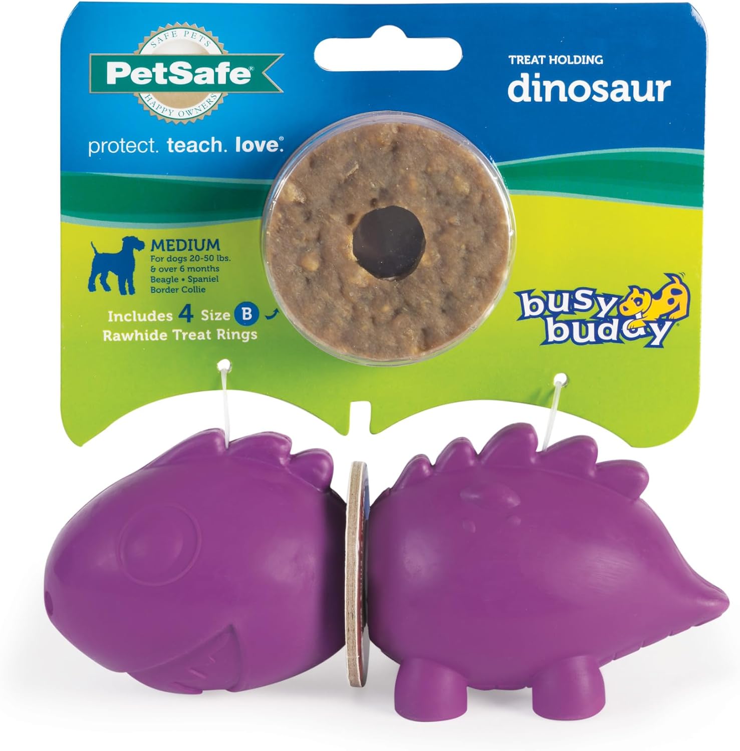 PetSafe Busy Buddy Animal Treat Ring Dog Toy – Juguete masticable para perros – Dinosaurio mediano