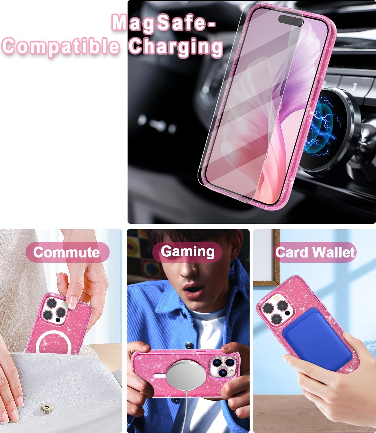 Meshine Funda magnética brillante para iPhone 15 Pro Max compatible con MagSafe, 2 protectores de pantalla y 2 protectores de lente de cámara de
