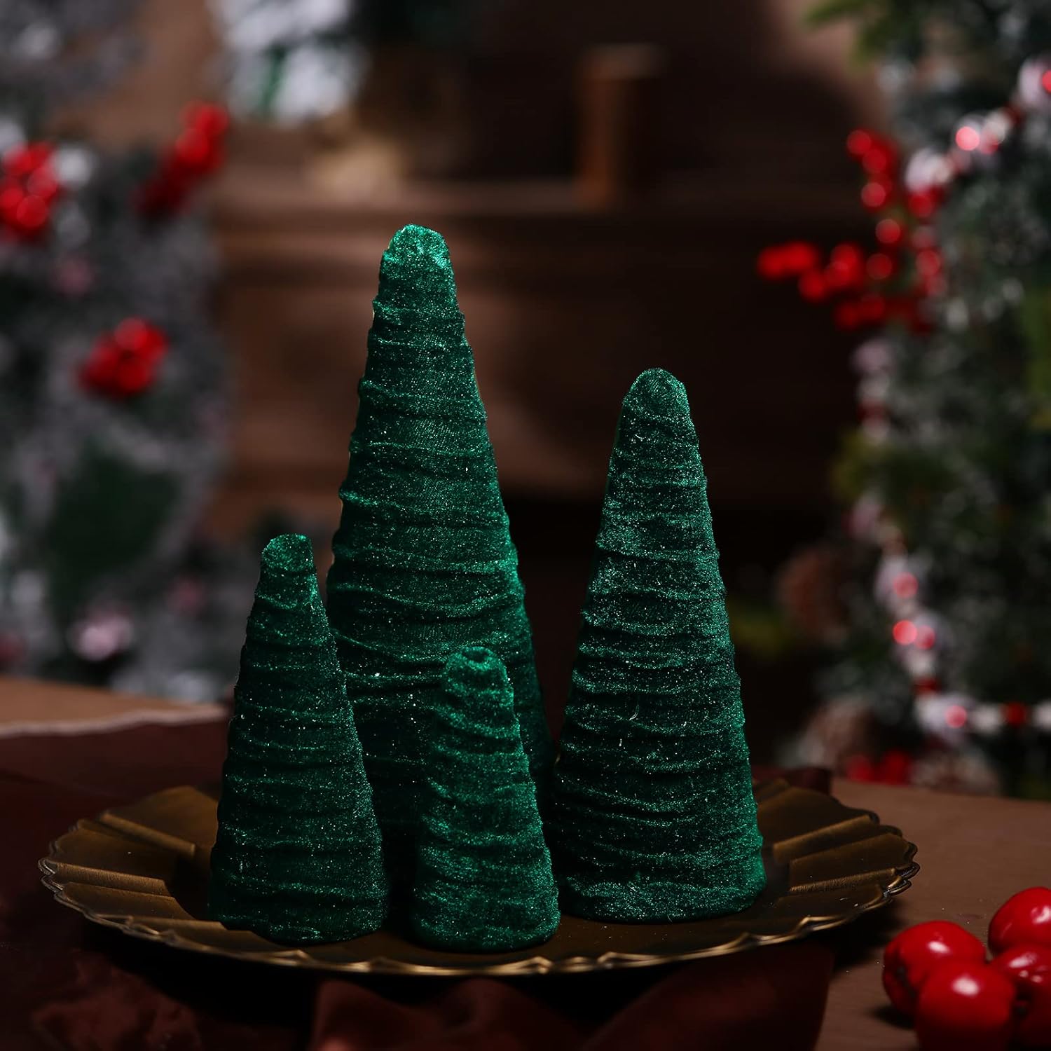 Juego de 5 tamaños de árboles de terciopelo de Navidad, decoración moderna para árbol de invierno, hecha a mano, mesa de invierno, centro de mesa,