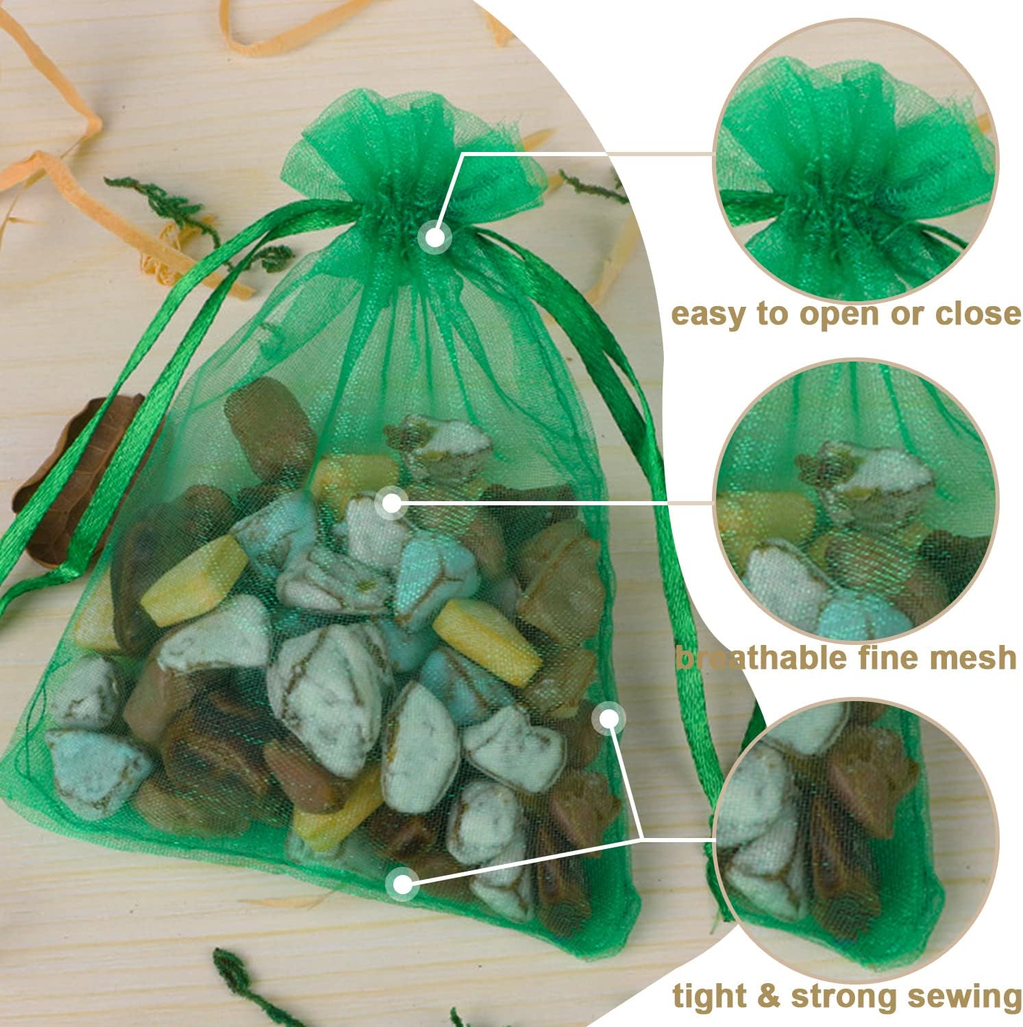 Bolsas de organza verde de 3 x 4 pulgadas (100 unidades), bolsas de regalo de malla transparente con cordón, bolsas de joyería de organza pequeña