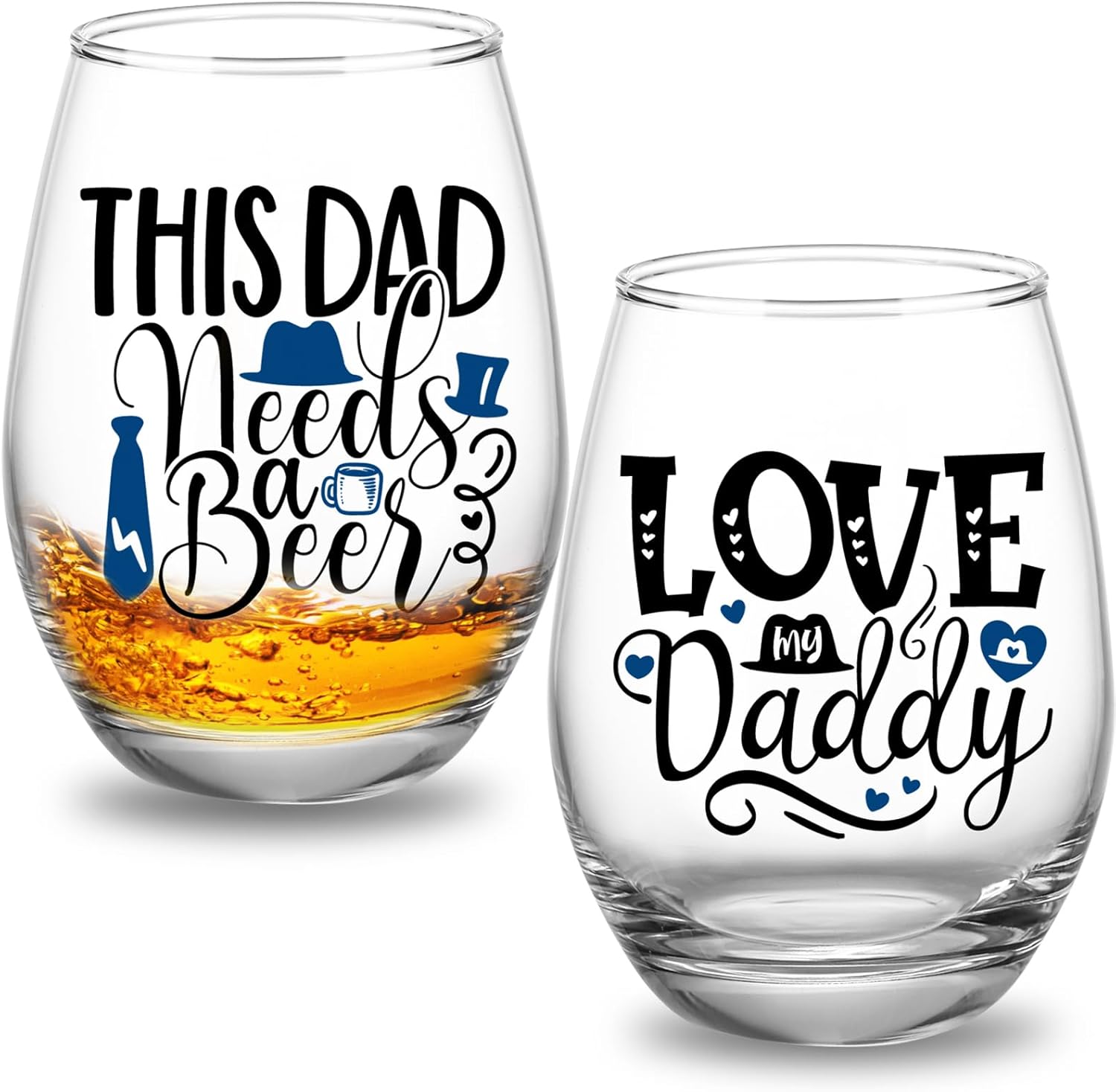 Paquete de 2 copas de vino sin tallo para el Día del Padre, de 15 onzas, divertidas copas de vino modernas, copas de vino de vacaciones para papá,