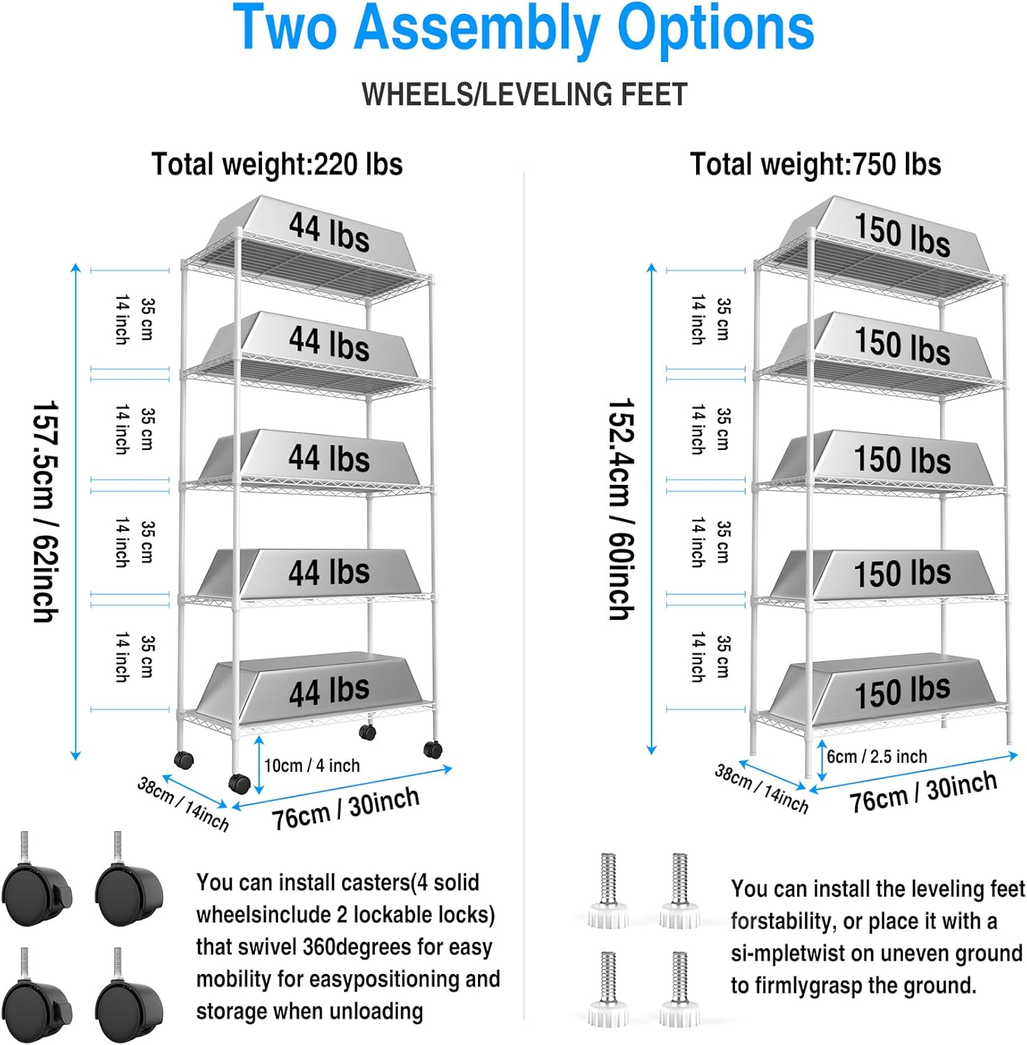 Estantería de alambre NSF de 5 niveles, 14 x 30 x 60 pulgadas, capacidad de 750 libras, estante de metal de almacenamiento ajustable con ruedaspatas