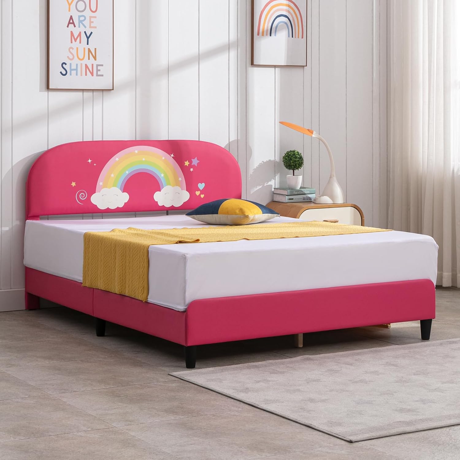 Zafly – Marco de cama matrimonial para niños, marco de cama infantil con cabecera tapizada, cabecera y estribo curvados, marco de cama de madera de