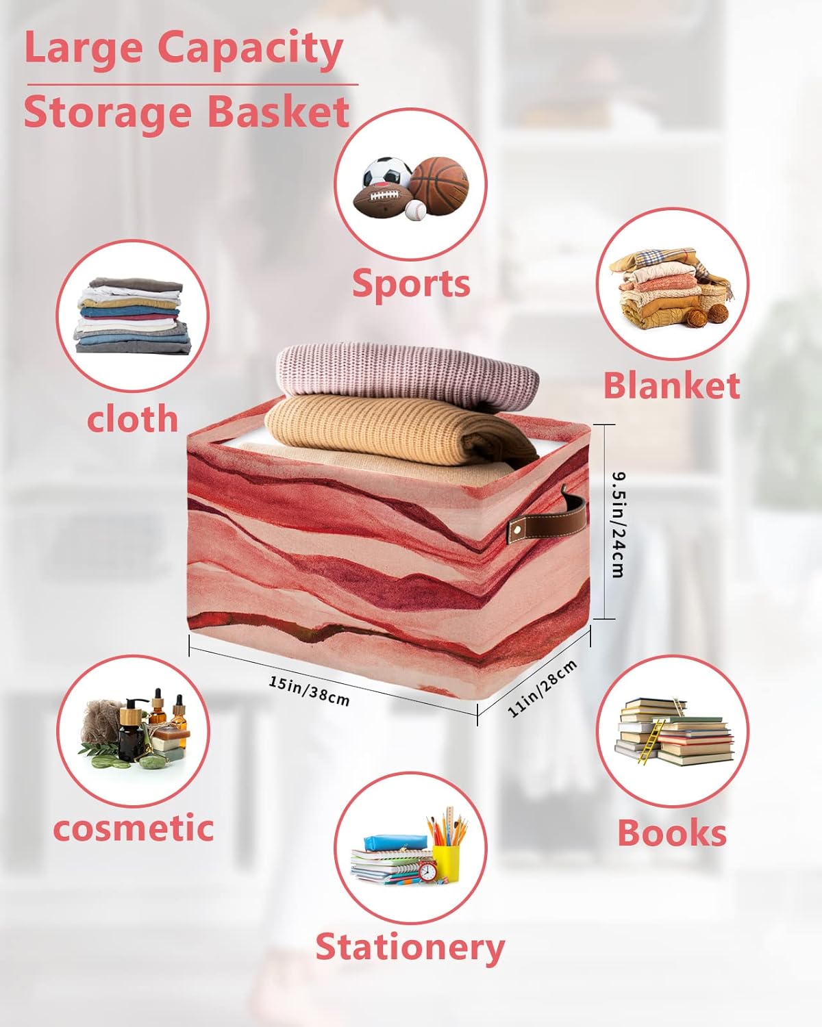 Red Ombre Storage Basket for Organizing Shelves, Collapsible Storage Bins Boxes with Handle, Watercolor Modern Abstract Art Aesthetics Canvas Hamper