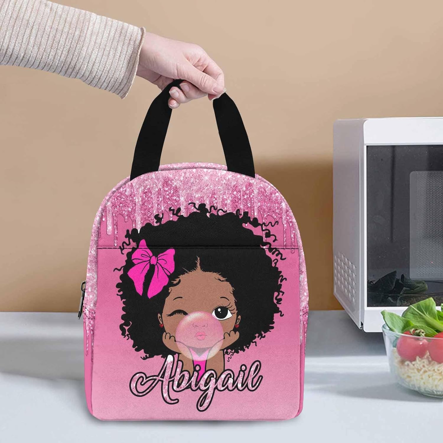 Lonchera con nombre personalizado para niños, color rosa degradado con patrón brillante, bolsa de almuerzo aislada reutilizable, bolsa de almuerzo