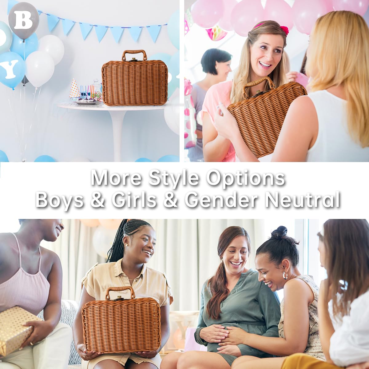 Cesta de regalo de baby shower para niños y niñas, 8 unidades, caja de regalo neutra de género único con manta para recién nacidos, sonajero de