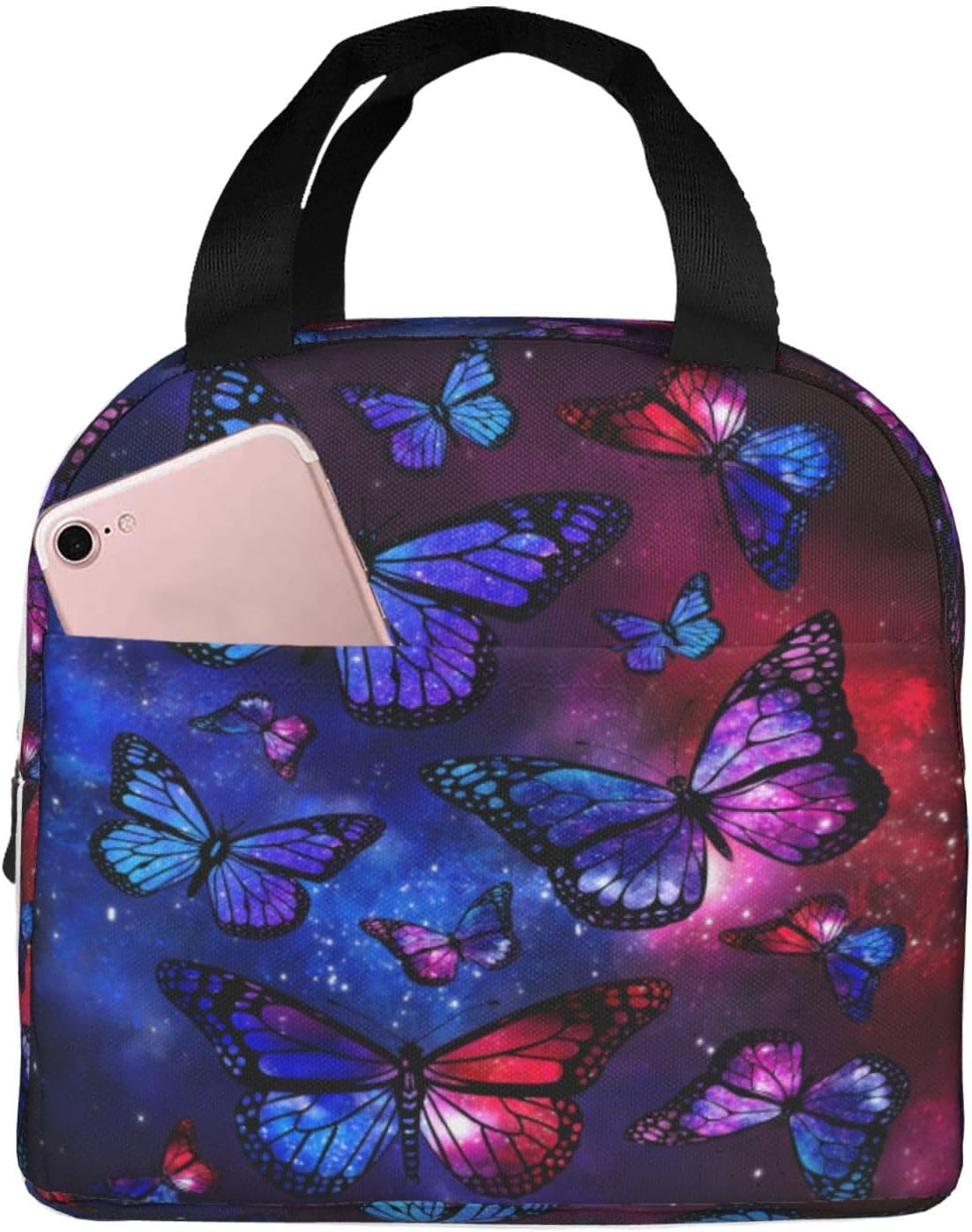 Lonchera aislada para mujer, reutilizable, con bolsillo, para el trabajo, picnic, viajes, mariposa, galaxia