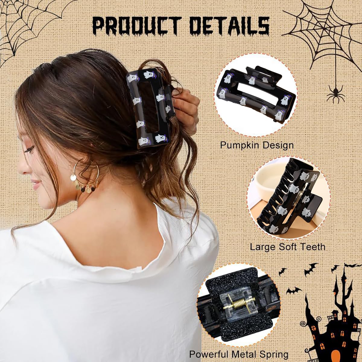 Pinzas para el cabello de Halloween, divertidas pinzas de garra de fantasma, pinzas de tiburón ahuecadas grandes y cuadradas para cabello grueso y
