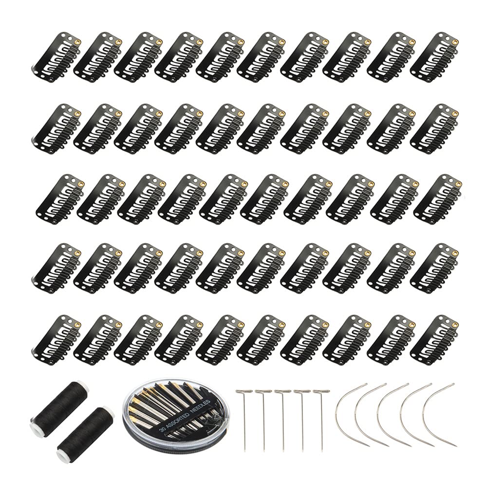 ZLCHE Juego de 102 pinzas para extensiones de cabello, incluye 50 clips de peluca en forma de U, 10 agujas curvas, 10 pines en T, 2 rollos de hilo