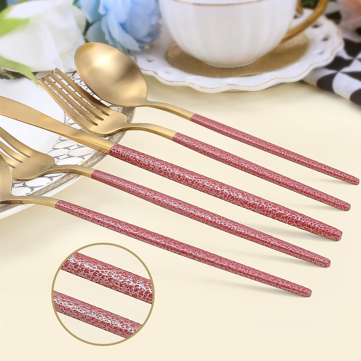 Juego de cubiertos dorados con mango rojo, juego de cubiertos de acero inoxidable para 4, juego de utensilios de cocina de 20 piezas, incluye