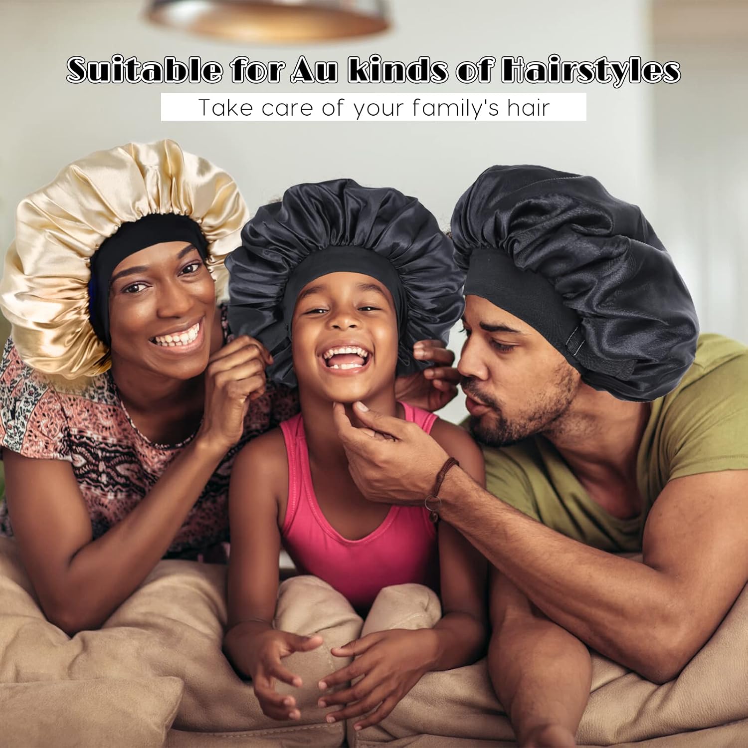 Gorro de seda para dormir de doble capa de satén ajustable para mujeres negras, gorro de dormir reversible para cabello rizado (negro)