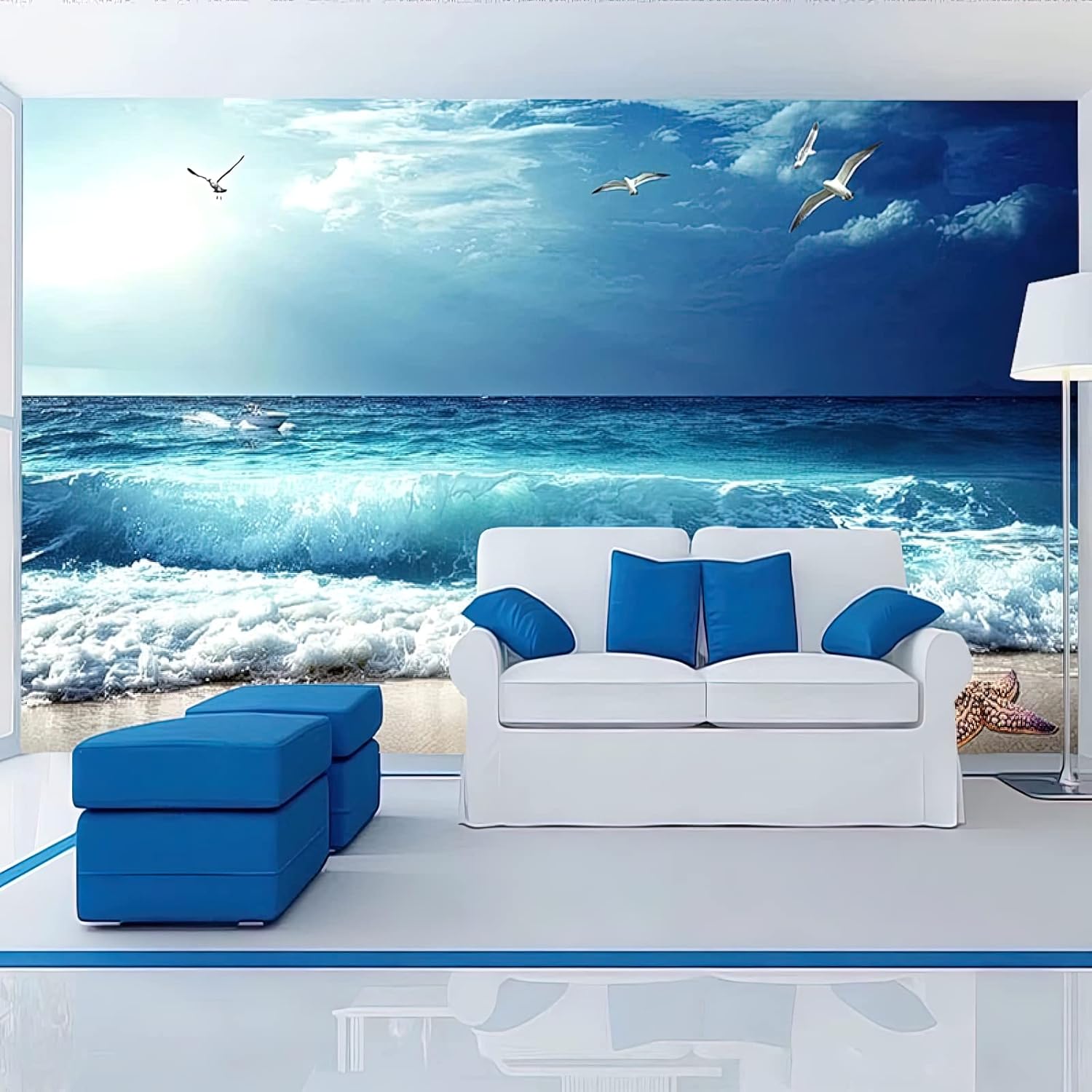 Waves Beach – Papel pintado 3D con diseño de estrellas de mar de gaviota, hermoso paisaje, impresión fotográfica, mural panorámico para sala de