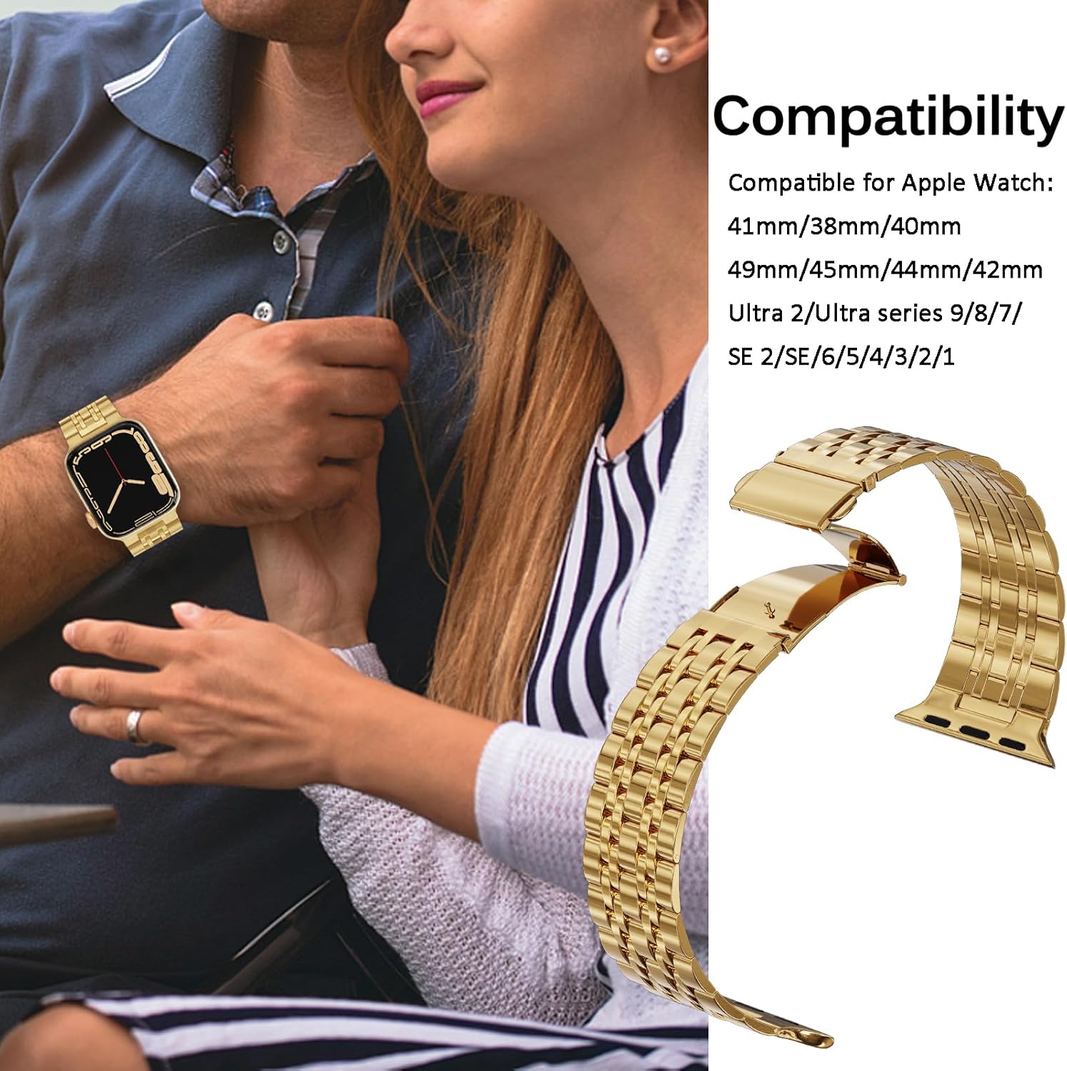Miimall for Apple Watch 49mm45mm44mm42mm41mm40mm38mm Bands with Stainless Steel Metal Wristband Straps Band Women Men for Apple Watch