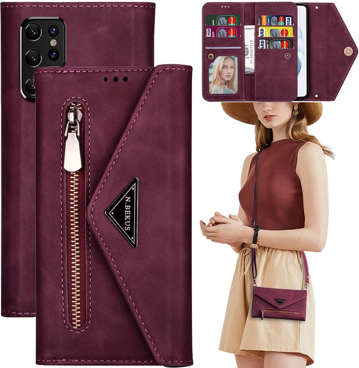 Funda cruzada para Samsung Galaxy S22 Ultra (no S22) con tarjetero y tarjetero, funda con cordón ajustable para Samsung Galaxy S22 Ultra, color rojo
