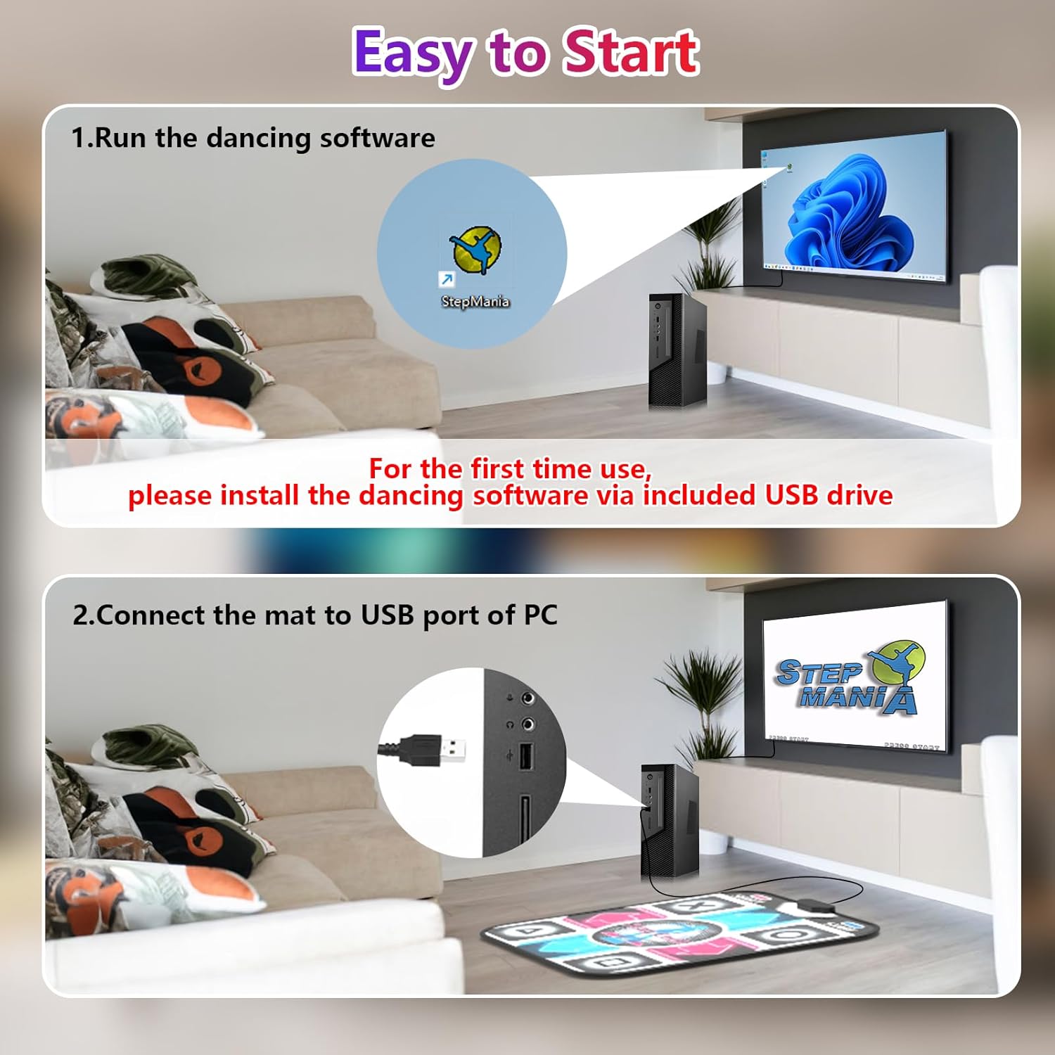 Alfombrilla de baile USB para PCcomputadora, almohadilla de baile mejorada para ejercicio y fitness con software de juego de baile, compatible con